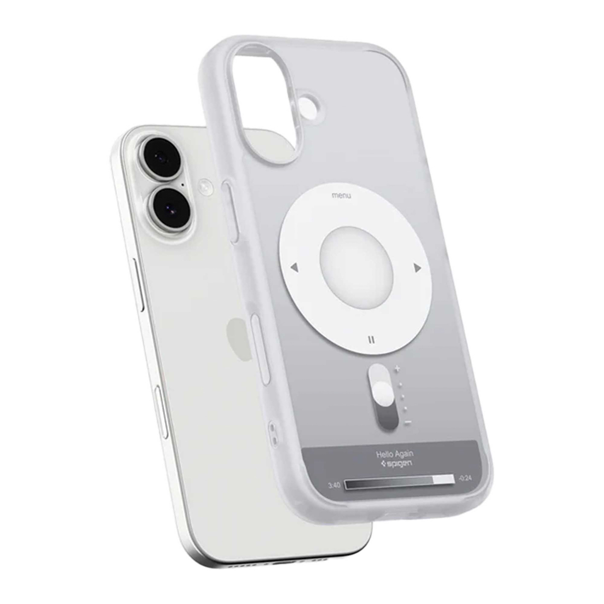 Een iPhone met een doorzichtige hoes, ontworpen om op een iPod te lijken, wordt getoond. De hoes heeft een wit, cirkelvormig bedieningspaneel.