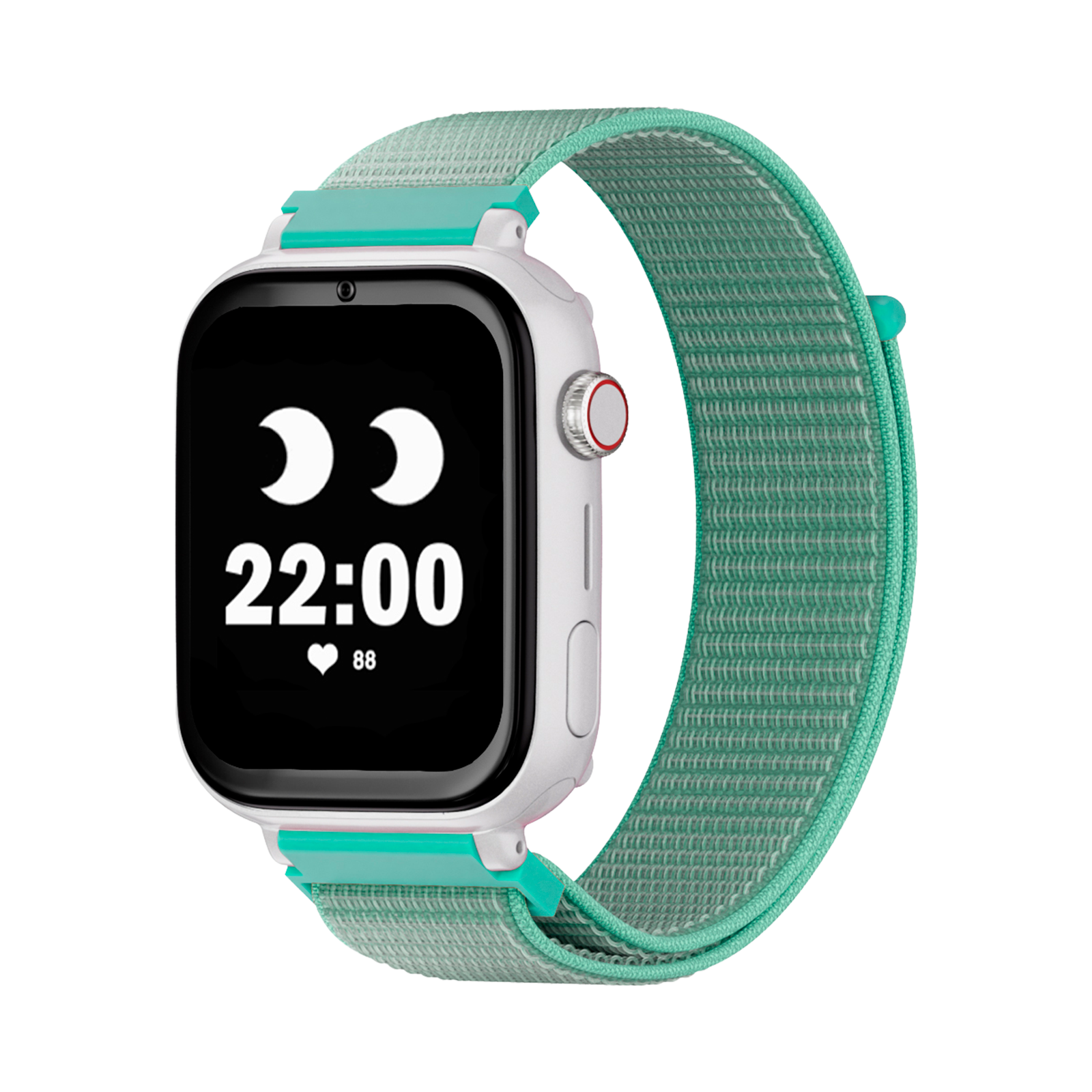 Eine weiße Smartwatch mit mintgrünem Band. Der Bildschirm zeigt die Uhrzeit 22:00 und eine Herzfrequenz von 88.