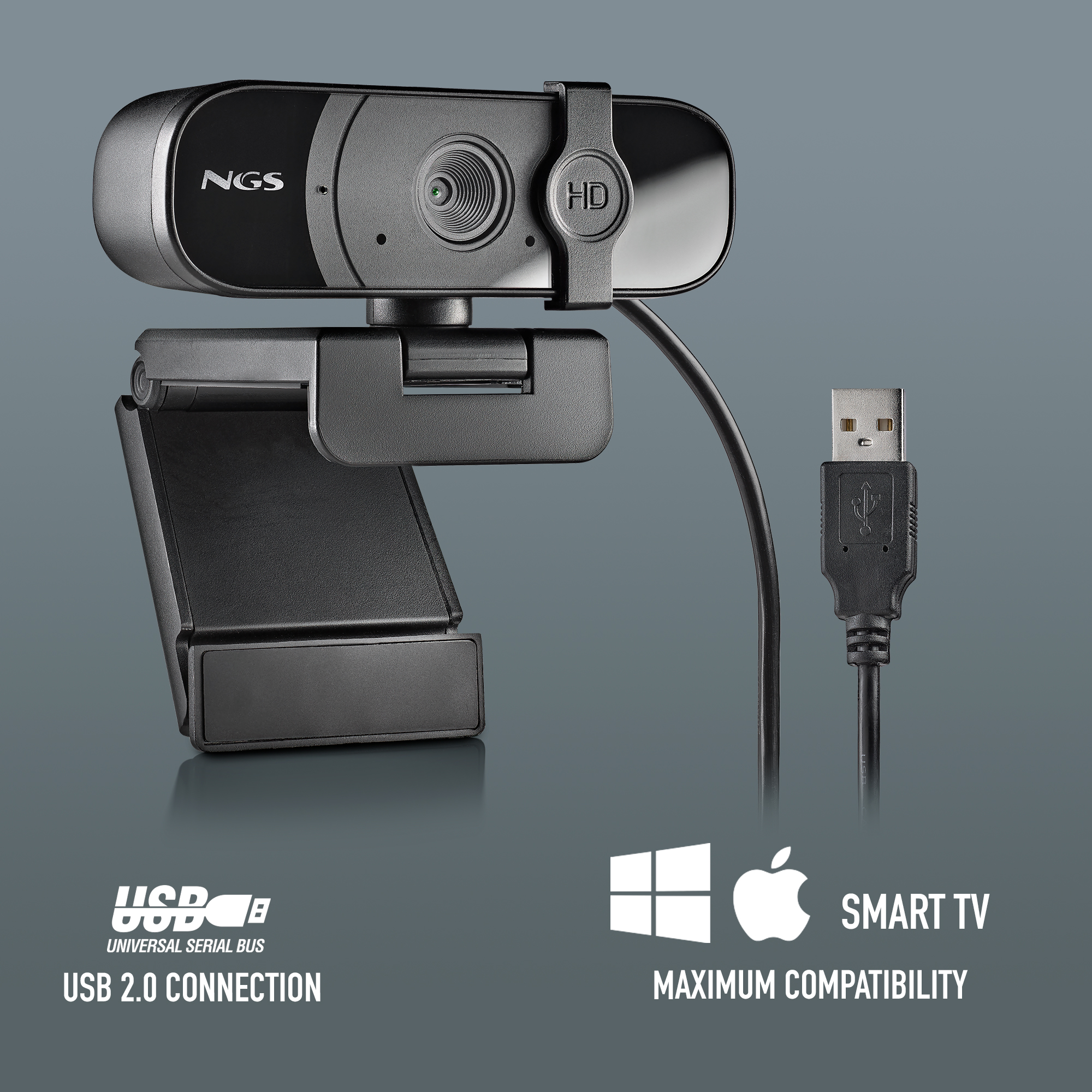 Czarna kamera internetowa NGS z kablem USB. Ma etykietę 'HD' i ikony kompatybilności dla Windows, Apple i Smart TV.