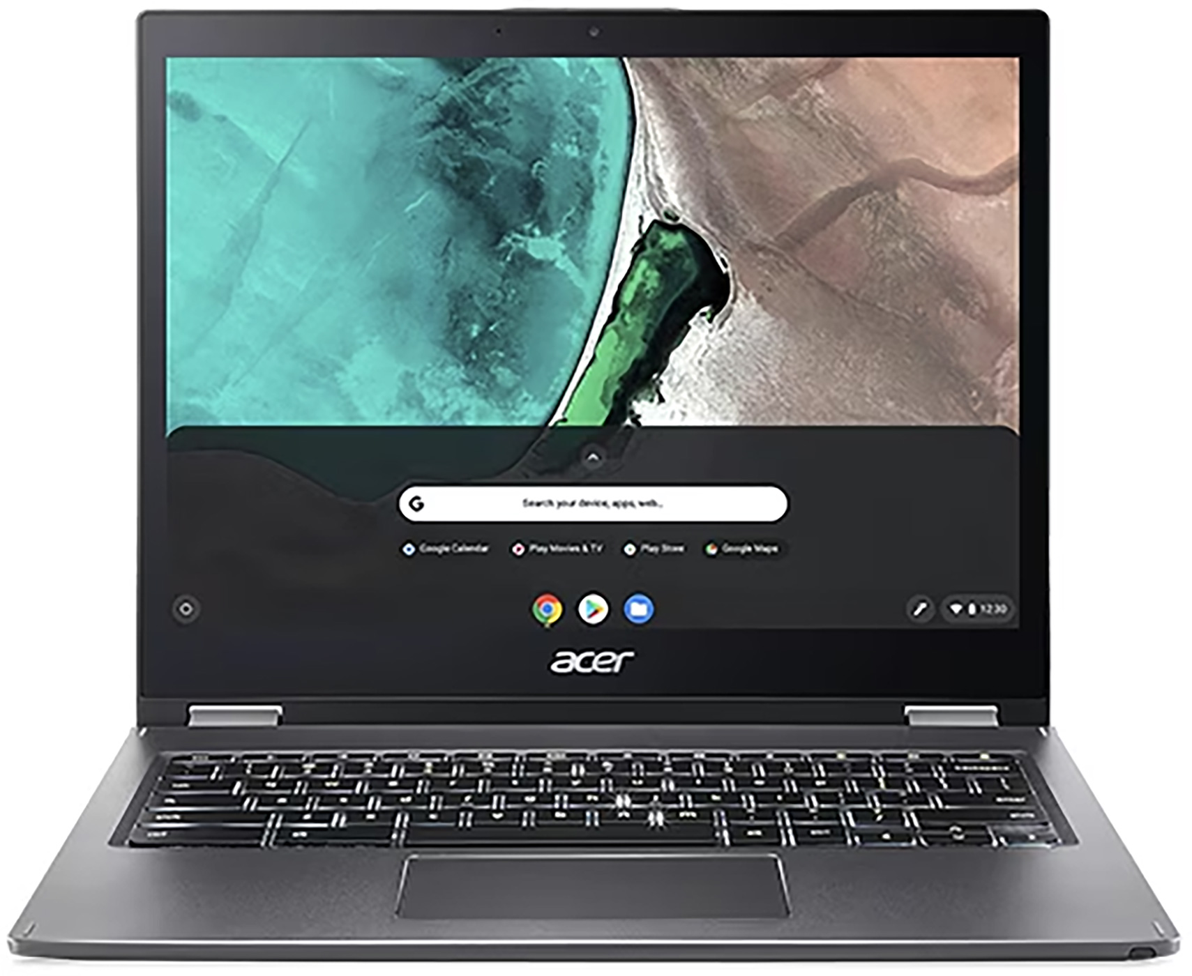 Een Acer-laptop is open. Het scherm toont een zoekbalk en een kleurrijke abstracte achtergrond. Het toetsenbord is zichtbaar.