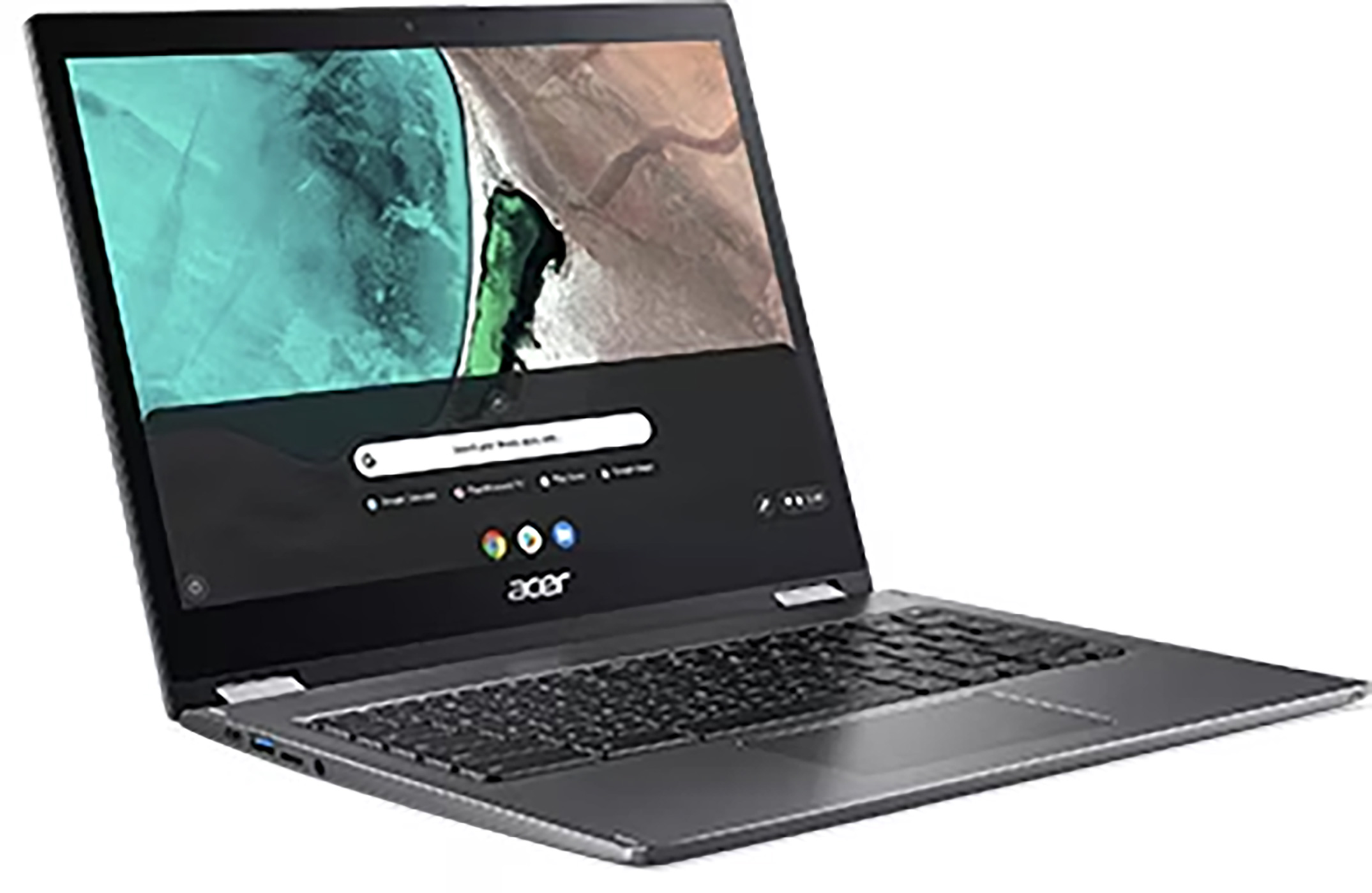 Een grijze Acer-laptop is open, met een kleurrijk scherm. Het toetsenbord is zichtbaar. De laptop staat op een wit oppervlak.
