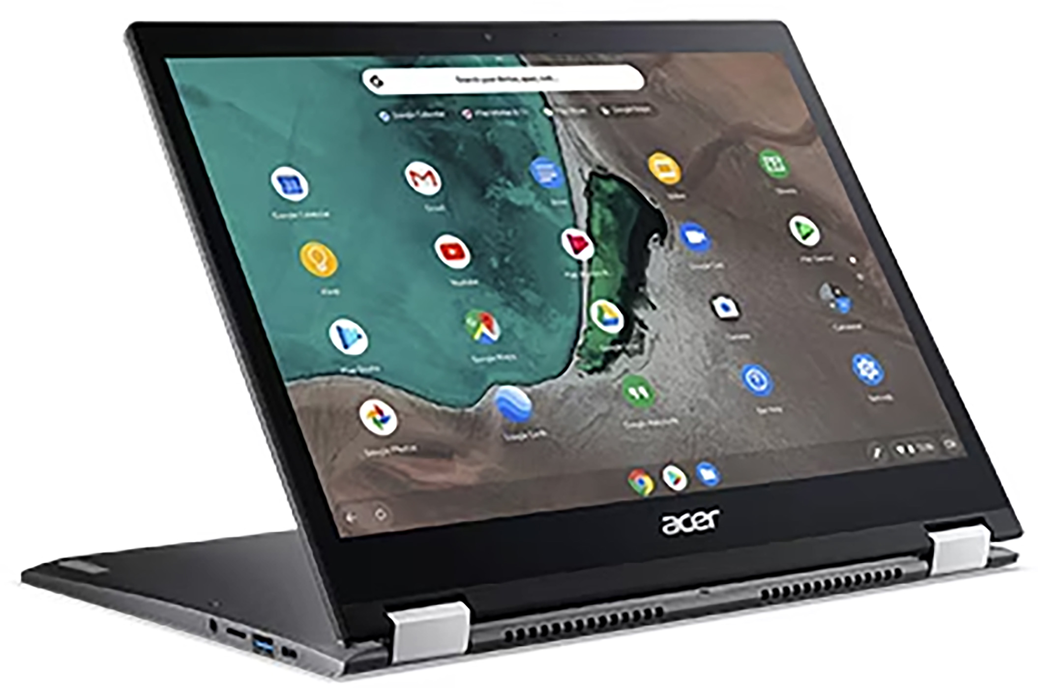 Zwarte Acer laptop open, met Chrome OS interface en app-iconen. Het scherm staat schuin en de basis is zichtbaar.