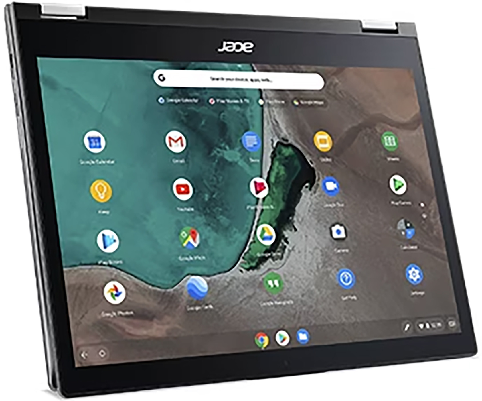 Een zwarte Acer Chromebook-laptop is open. Het scherm geeft app-pictogrammen weer op een groene en bruine achtergrond.