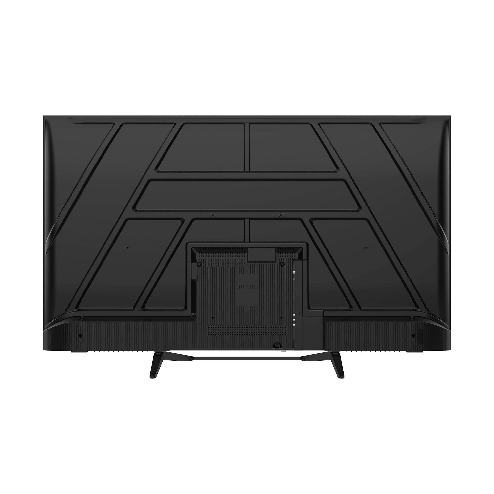 Vista trasera de un televisor negro. Tiene una parte posterior texturizada con elementos de diseño. El soporte está adjunto en la parte inferior.