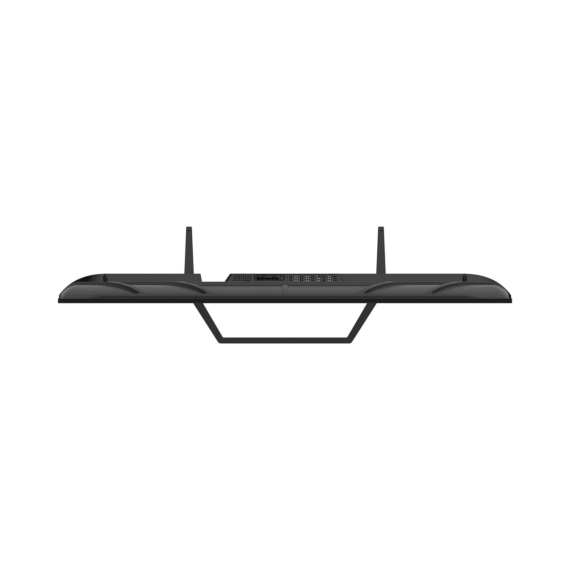 Vista superior de un televisor negro con dos soportes y un marco metálico. El fondo es blanco.