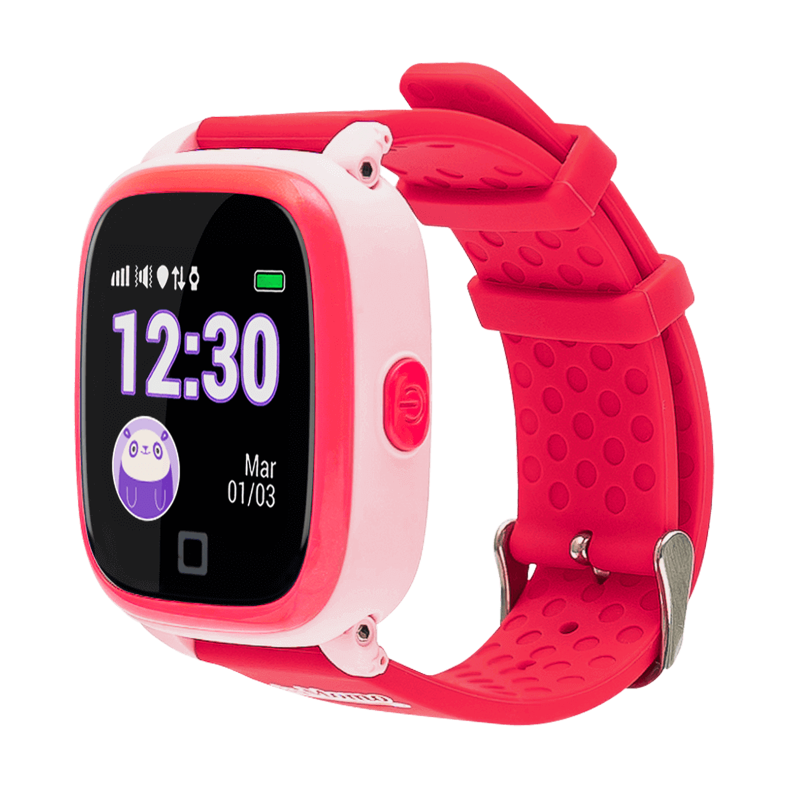 Eine rosa-rote Smartwatch zeigt 12:30 Uhr an. Die Uhr hat ein rotes Armband, ein rosa Zifferblatt und ein Panda-Symbol.