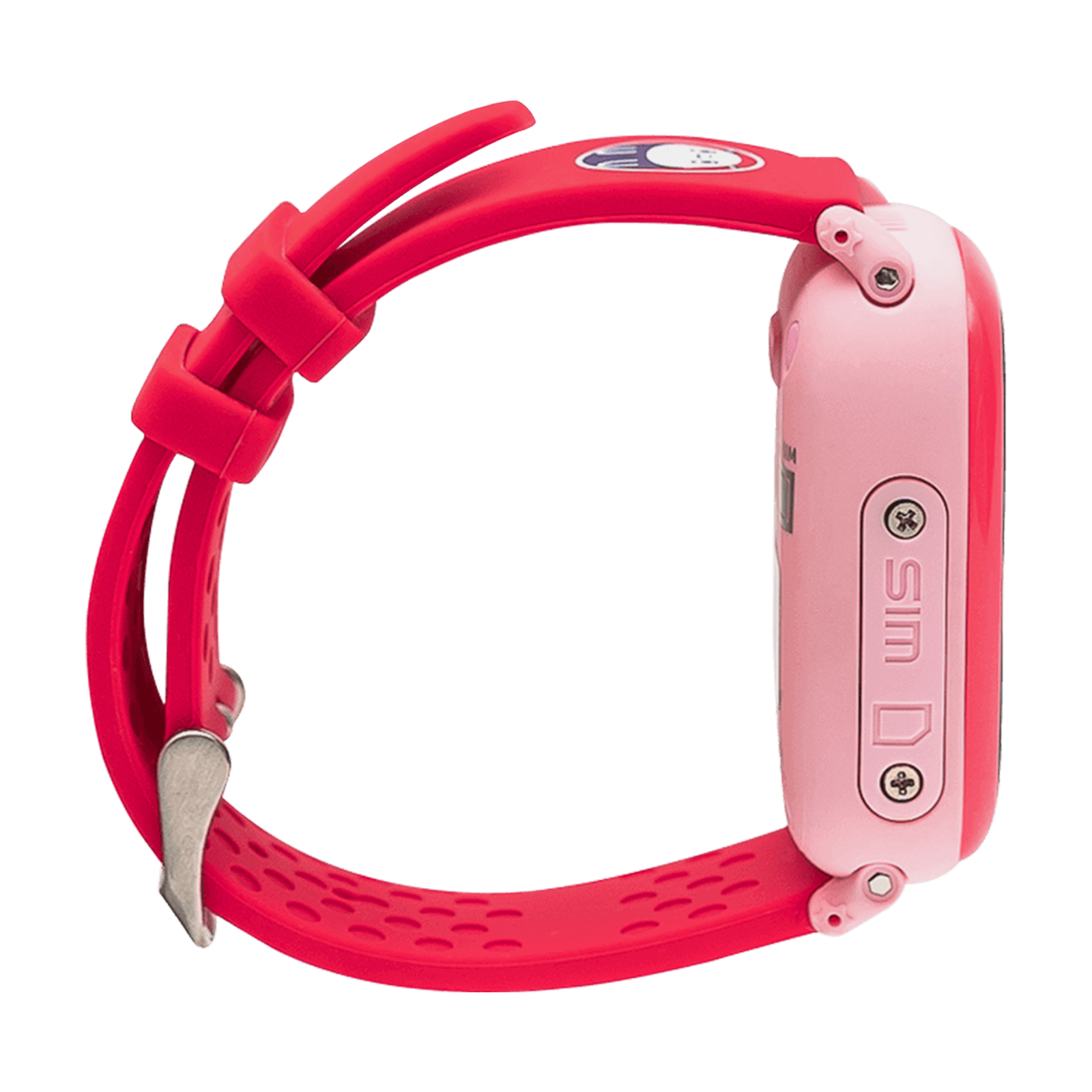 Eine rosa Smartwatch mit rotem Armband. Die Uhr ist von der Seite zu sehen, mit Armband und Zifferblatt.