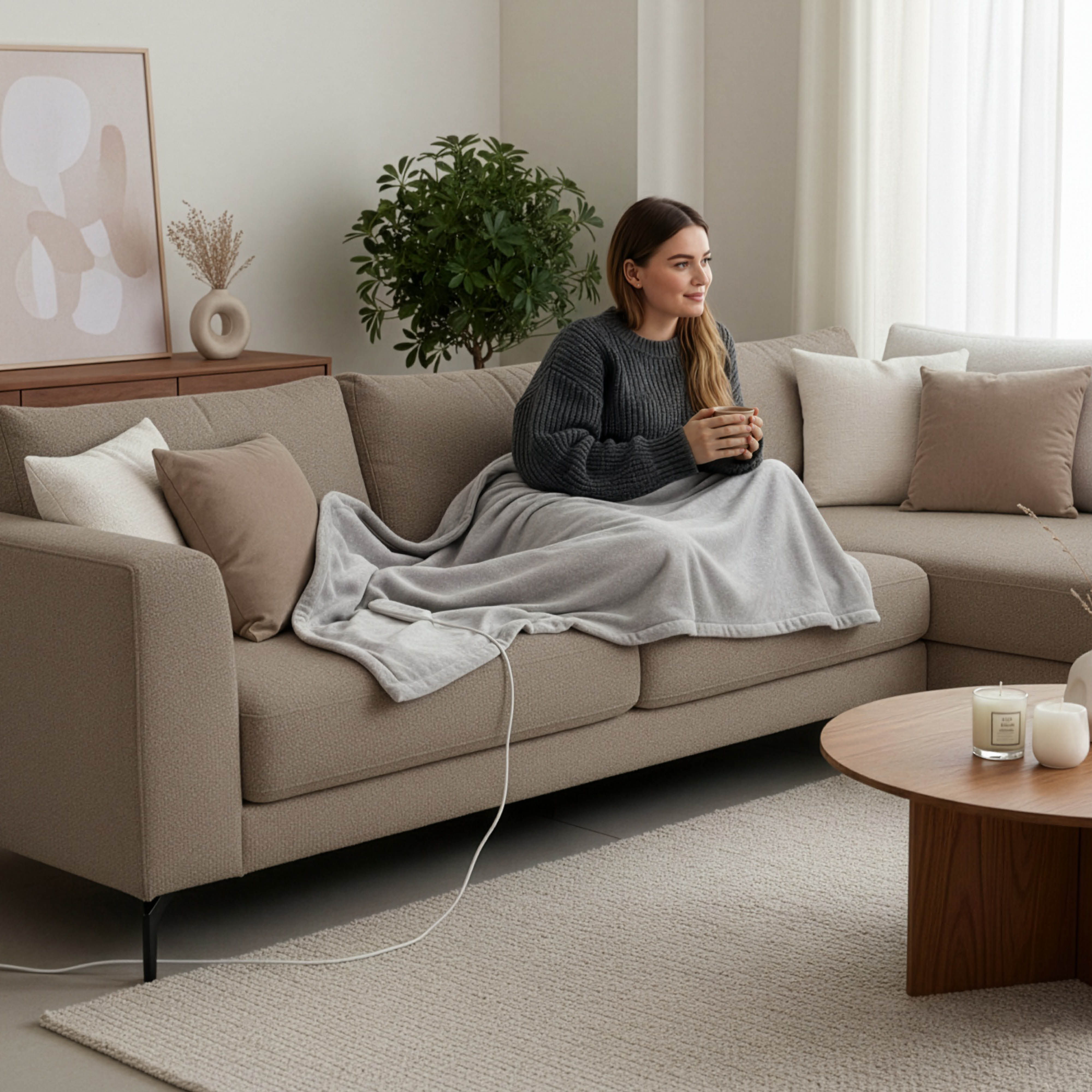 Woman on a sofa with a blanket, holding a cup. A coffee table and plants are in the room.