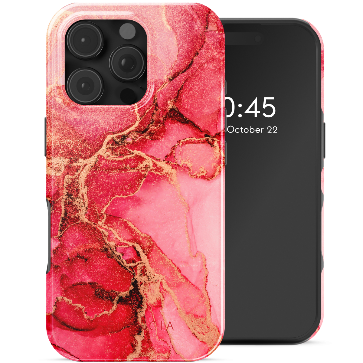 Een smartphone met een rood-gouden marmerpatroon hoesje. Het scherm toont de tijd en datum. De hoes omhult de telefoon.