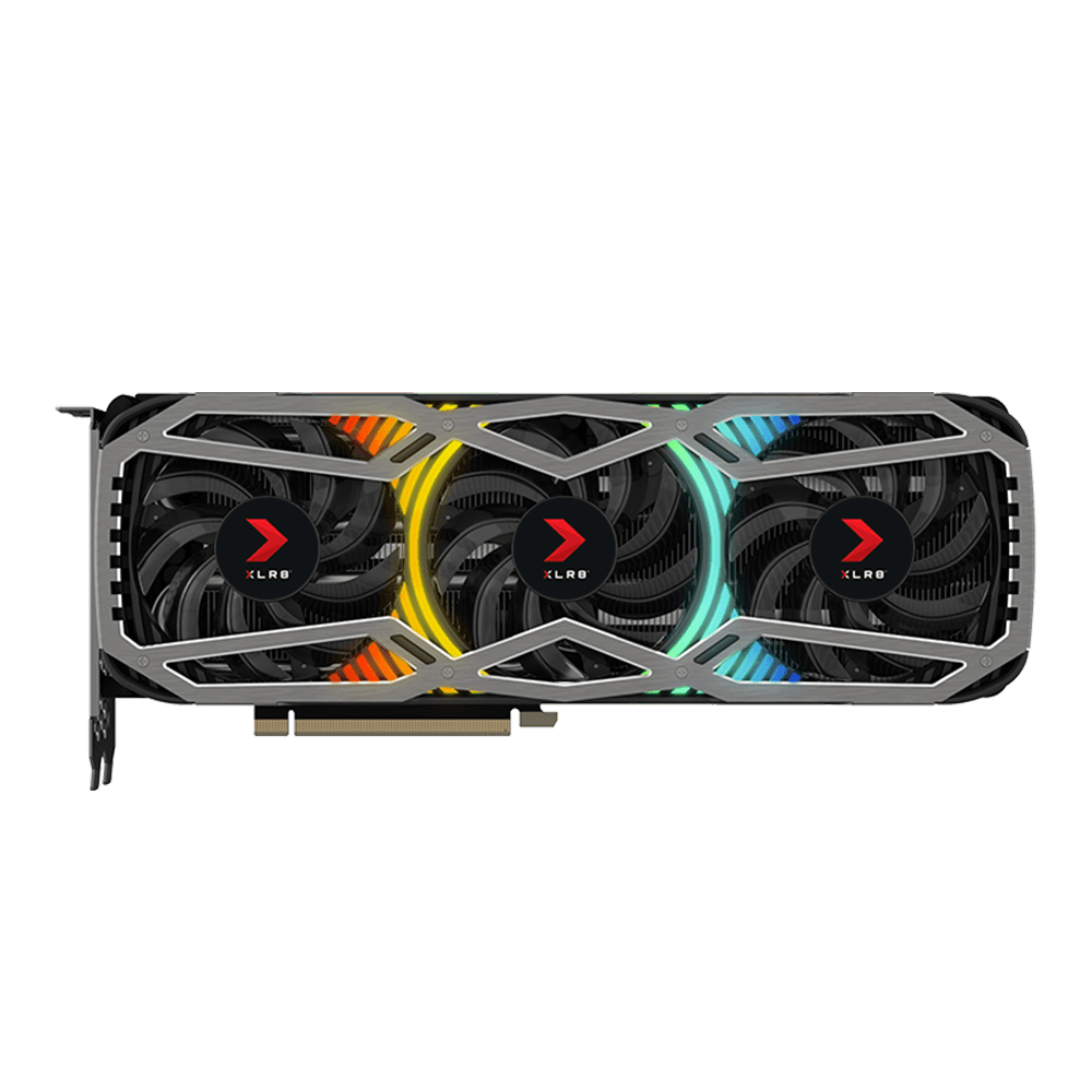 Una tarjeta gráfica negra y gris con tres ventiladores. Cada ventilador tiene iluminación RGB, con colores naranja, amarillo y azul. La marca es XLR8.