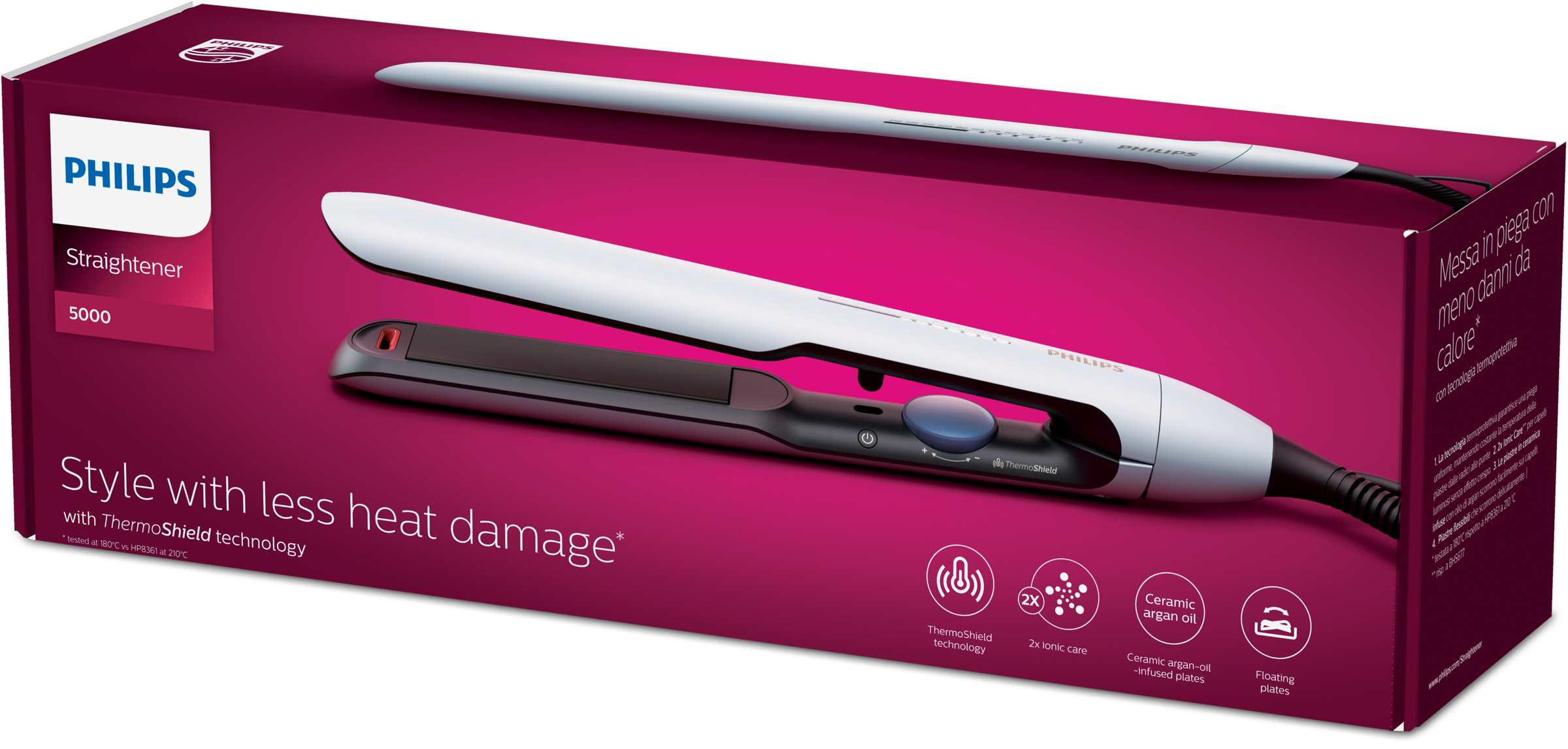 Pudełko prostownicy Philips wyświetla produkt. Jest biały z czarnym uchwytem. Pudełko jest w kolorze magenta.