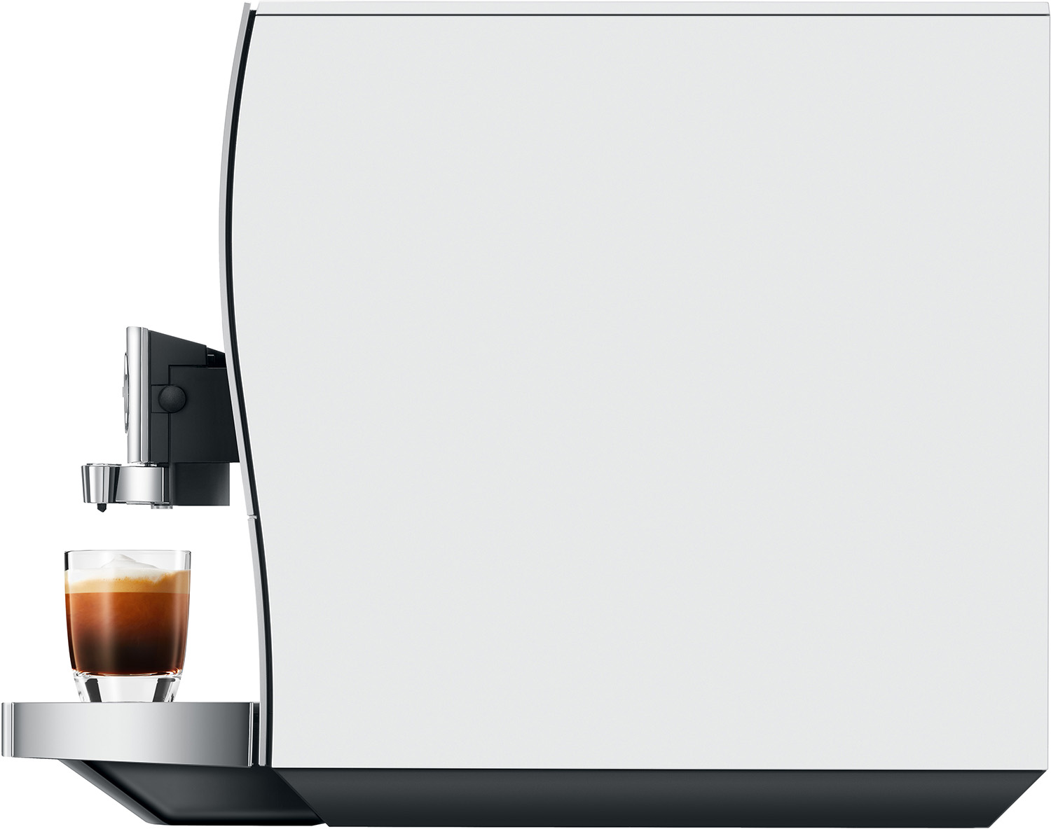 Eine Kaffeemaschine mit einem Glas Espresso. Die Maschine ist weiß und schwarz, mit einer silbernen Tropfschale. Der Kaffee ist dunkelbraun.