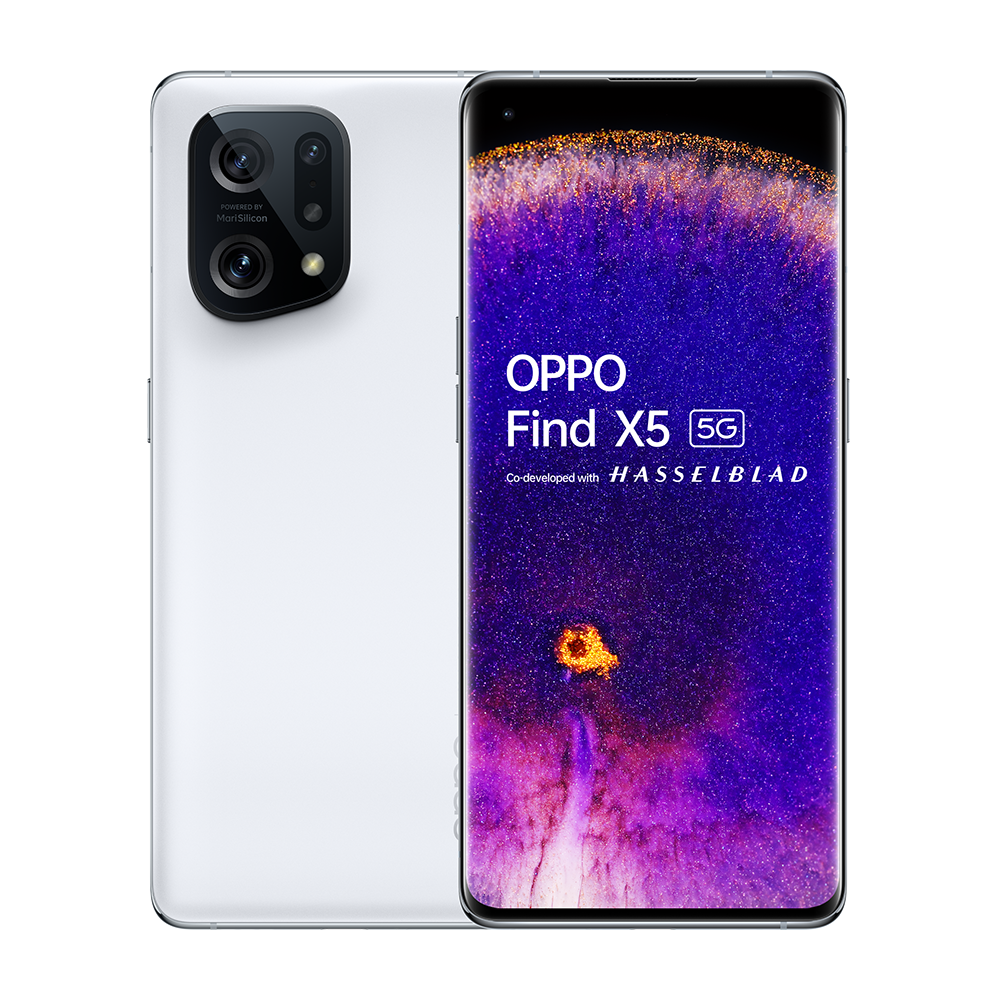 Een witte Oppo Find X5 5G-telefoon wordt getoond. Het scherm toont een abstract ontwerp in paars en goud. Hasselblad-branding is zichtbaar.