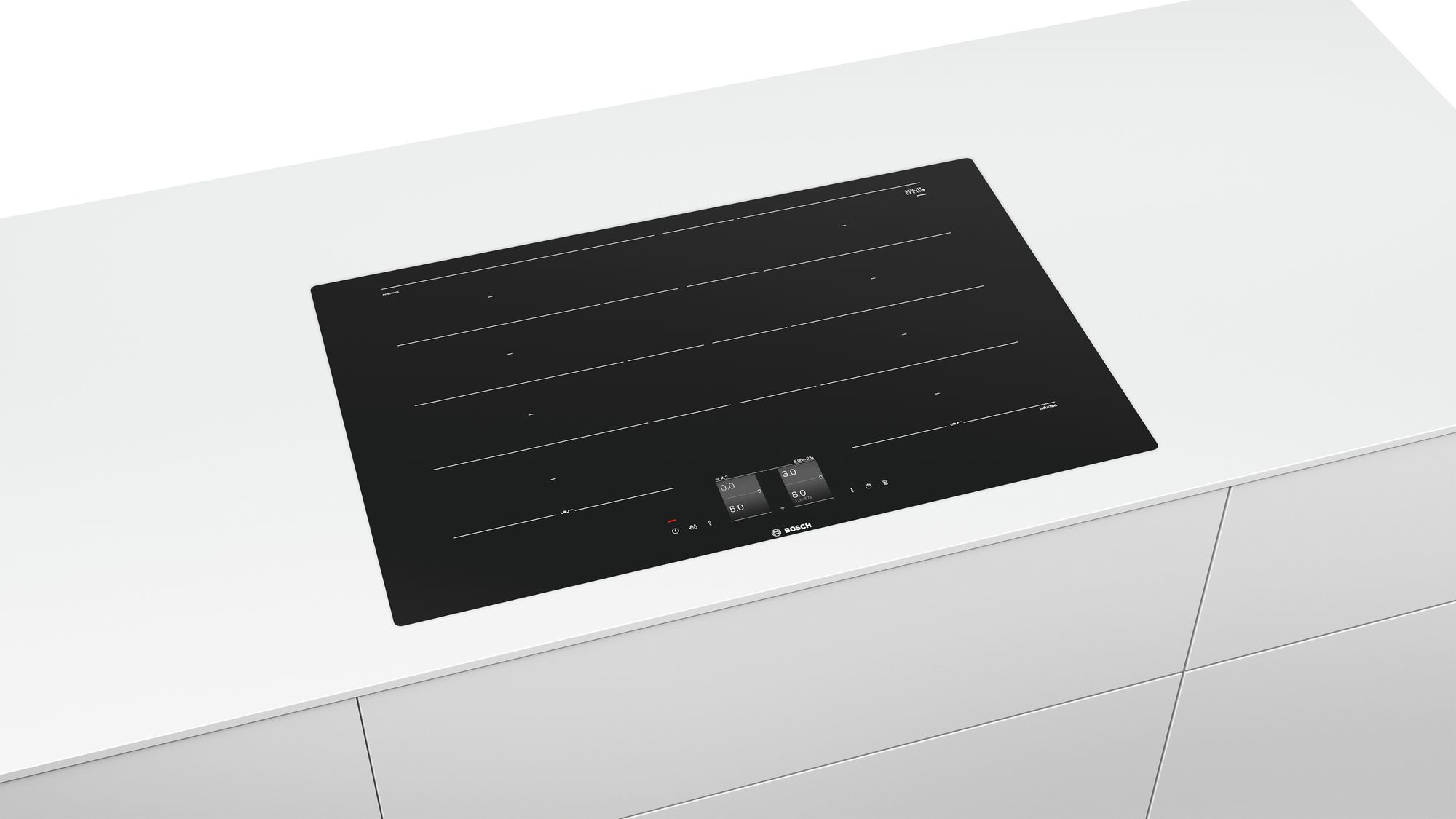 Zwarte inductiekookplaat met witte lijnen op een wit aanrecht. Digitale display toont instellingen. Bosch-logo zichtbaar.