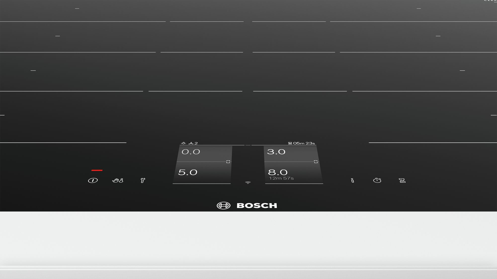 Een zwarte Bosch inductiekookplaat met digitale display met vermogensniveaus en timer. Witte lijnen markeren de kookzones.