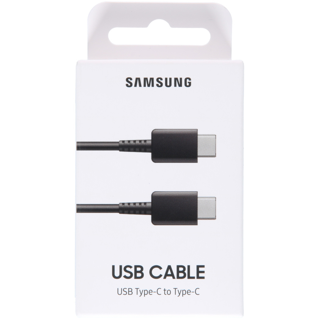Samsung USB-C-Kabel in der Verpackung. Schwarzes Kabel, weiße Box mit Aufdruck 'SAMSUNG' und 'USB CABLE'.