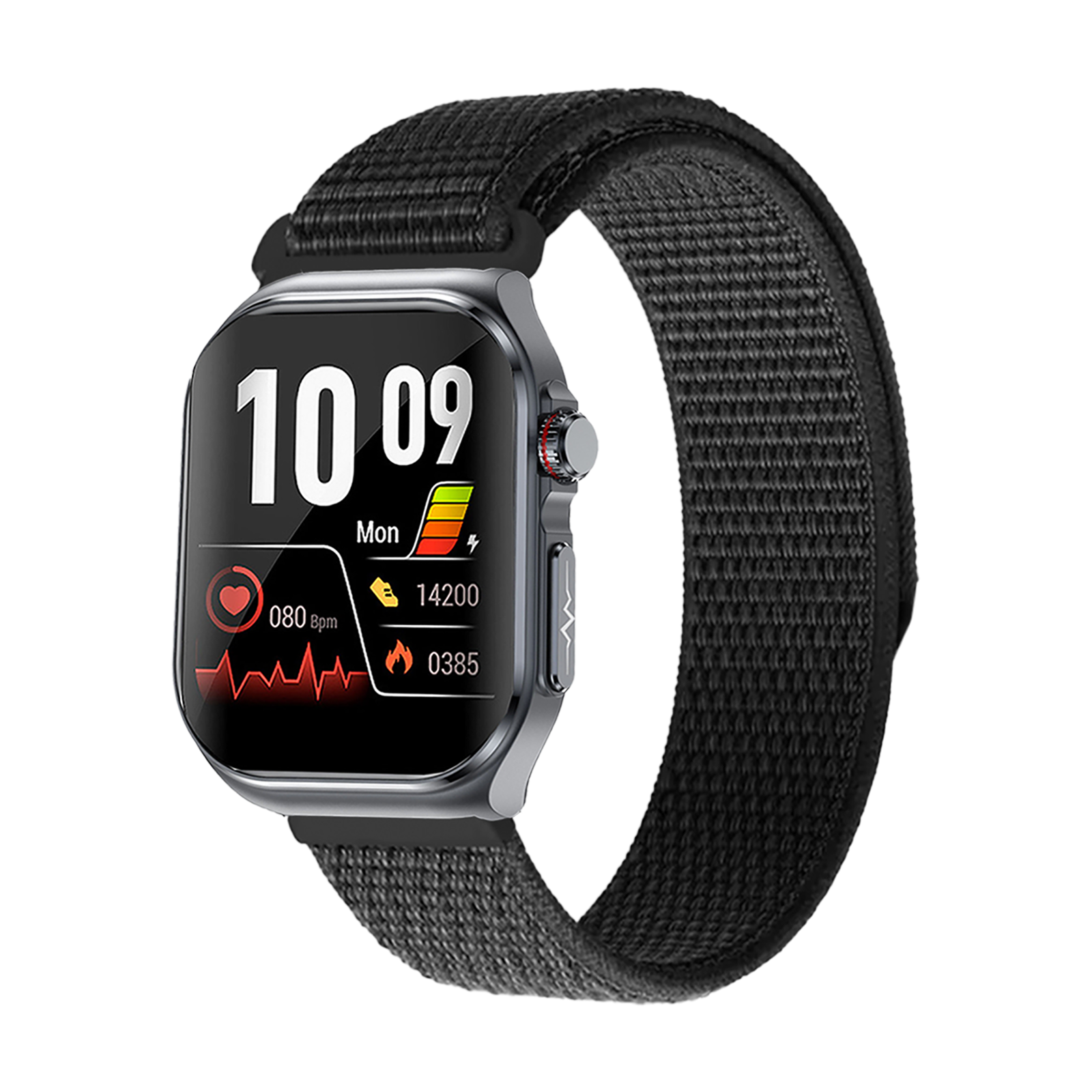 Eine schwarze Smartwatch zeigt Zeit, Herzfrequenz und Aktivitätsstatistiken an. Sie hat ein schwarzes Stoffband.