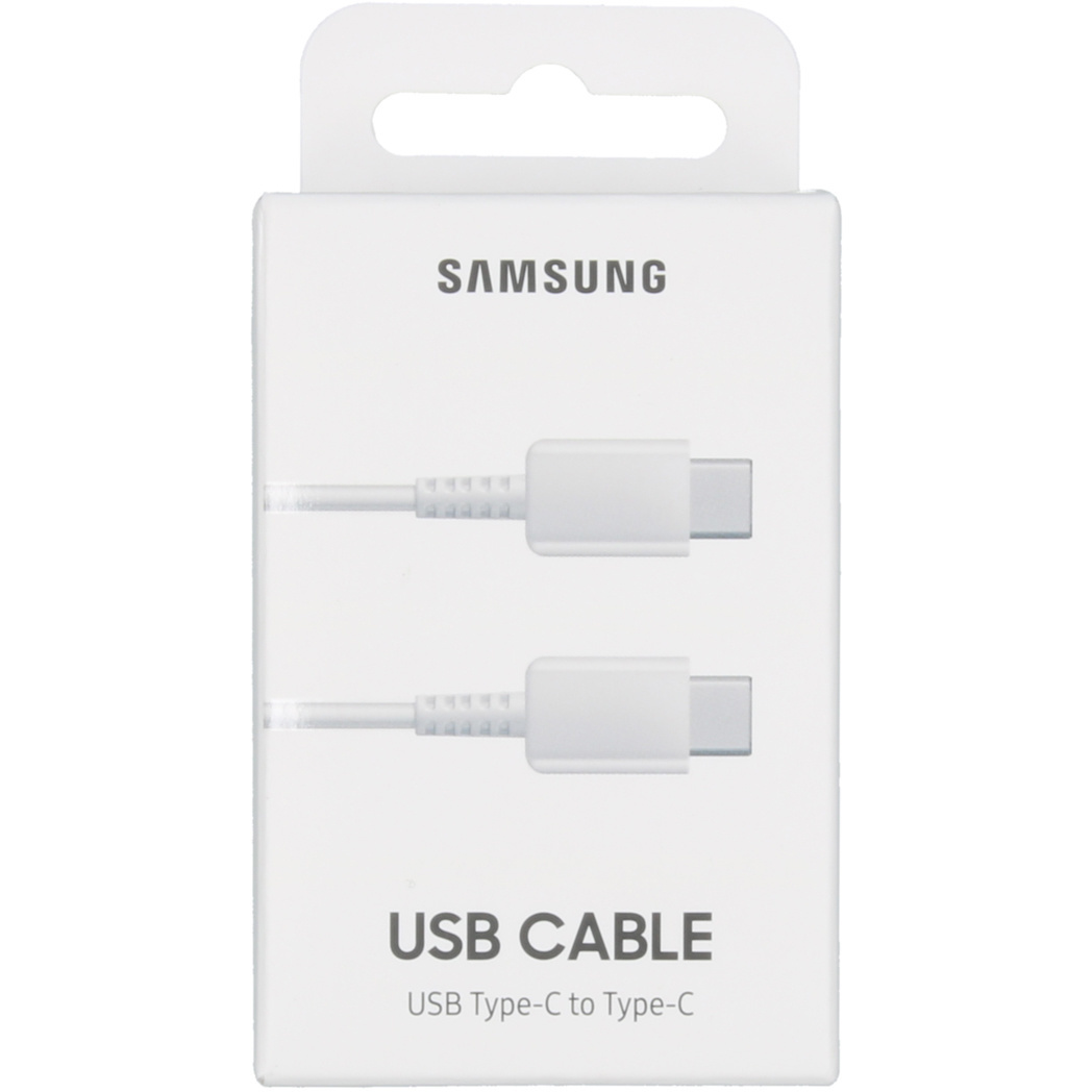 Biały kabel USB typu C Samsung w białym opakowaniu. Opakowanie zawiera logo Samsung i informacje o kablu USB.