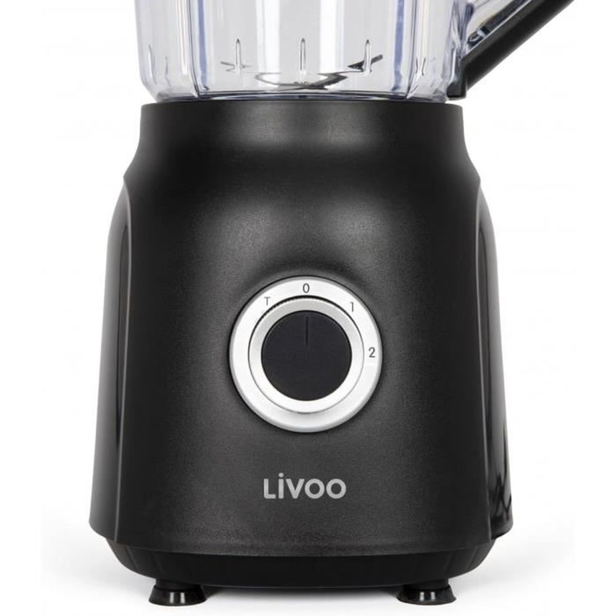 Frullatore nero con caraffa trasparente. Ha un quadrante con impostazioni 0, 1, 2. Il marchio 'Livoo' è in basso.