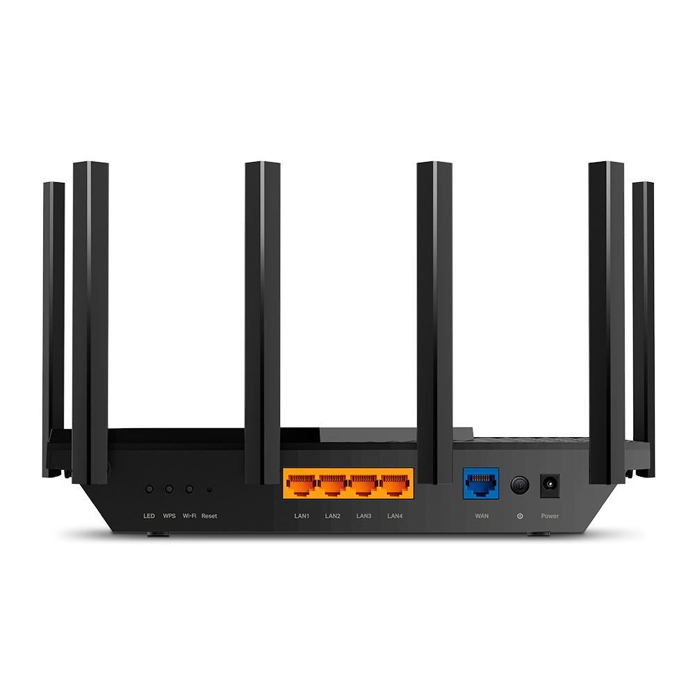 Czarny router z wieloma antenami. Posiada porty oznaczone LAN1-4, WAN oraz wejście zasilania. Wskaźniki to LED, WPS, Wi-Fi i Reset.