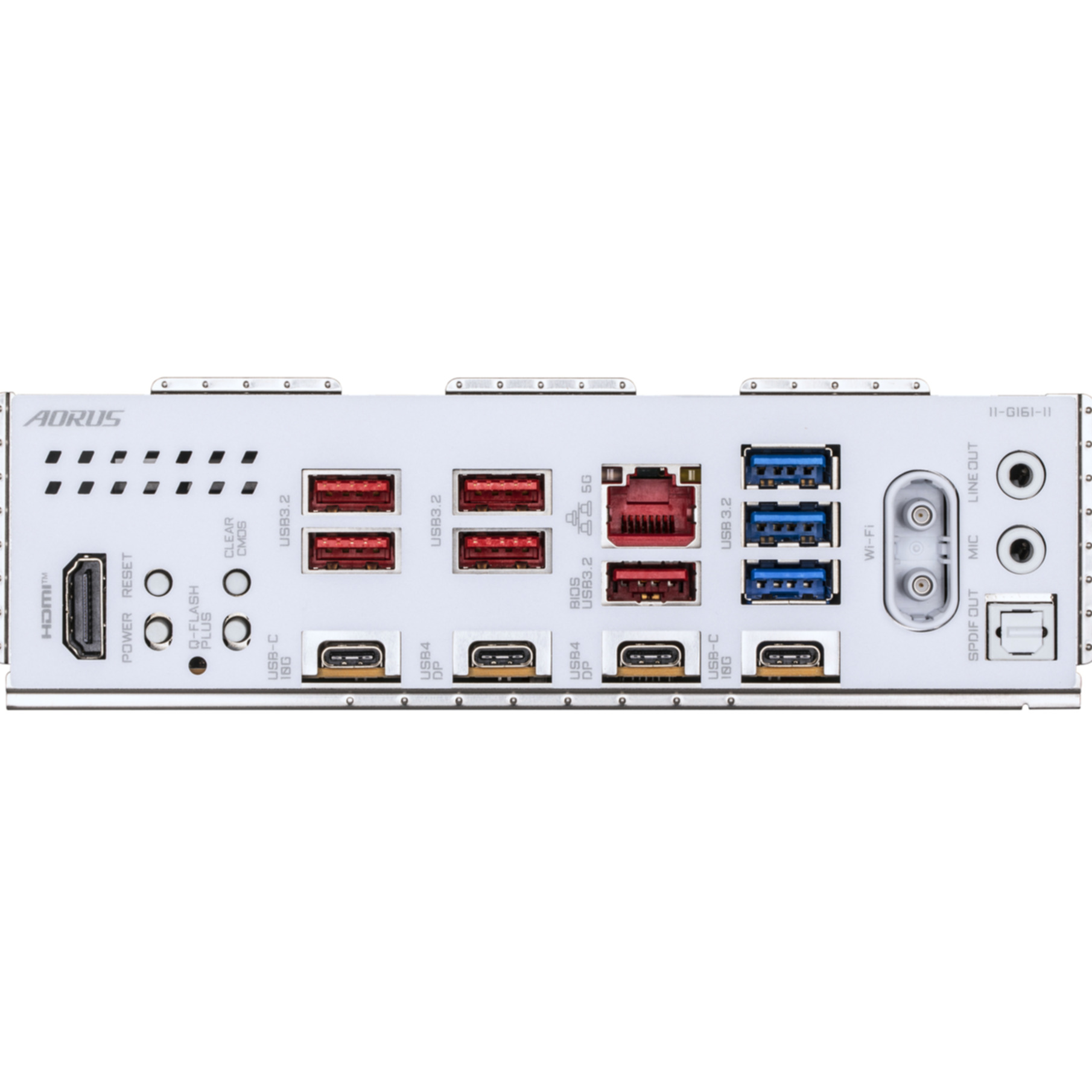 Panneau arrière blanc de carte mère avec ports : HDMI, USB, Wi-Fi et sorties audio.