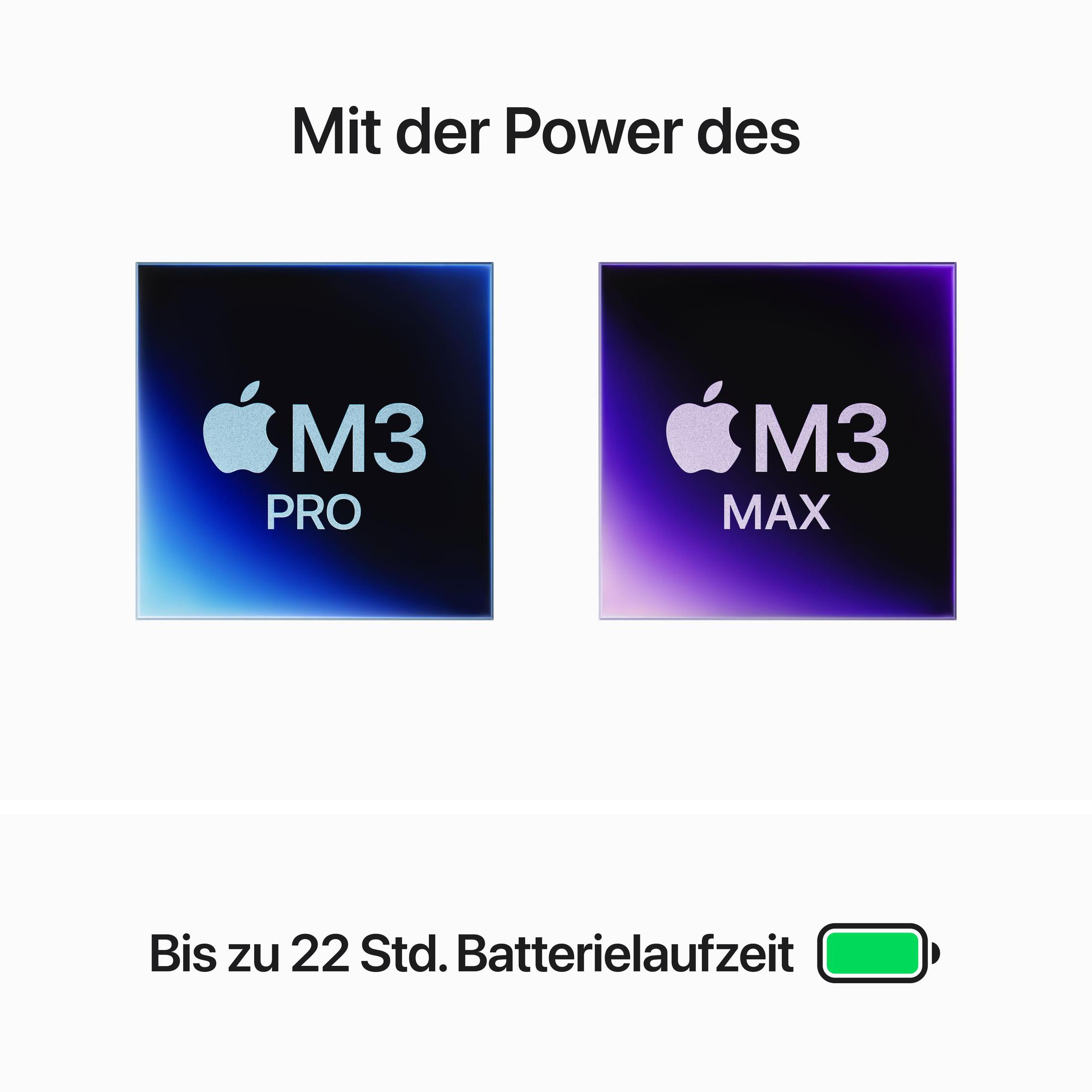 Das Bild zeigt zwei Quadrate mit Apple-Logos und 'M3 PRO' und 'M3 MAX'. Darunter steht 'Bis zu 22 Stunden Akkulaufzeit'.
