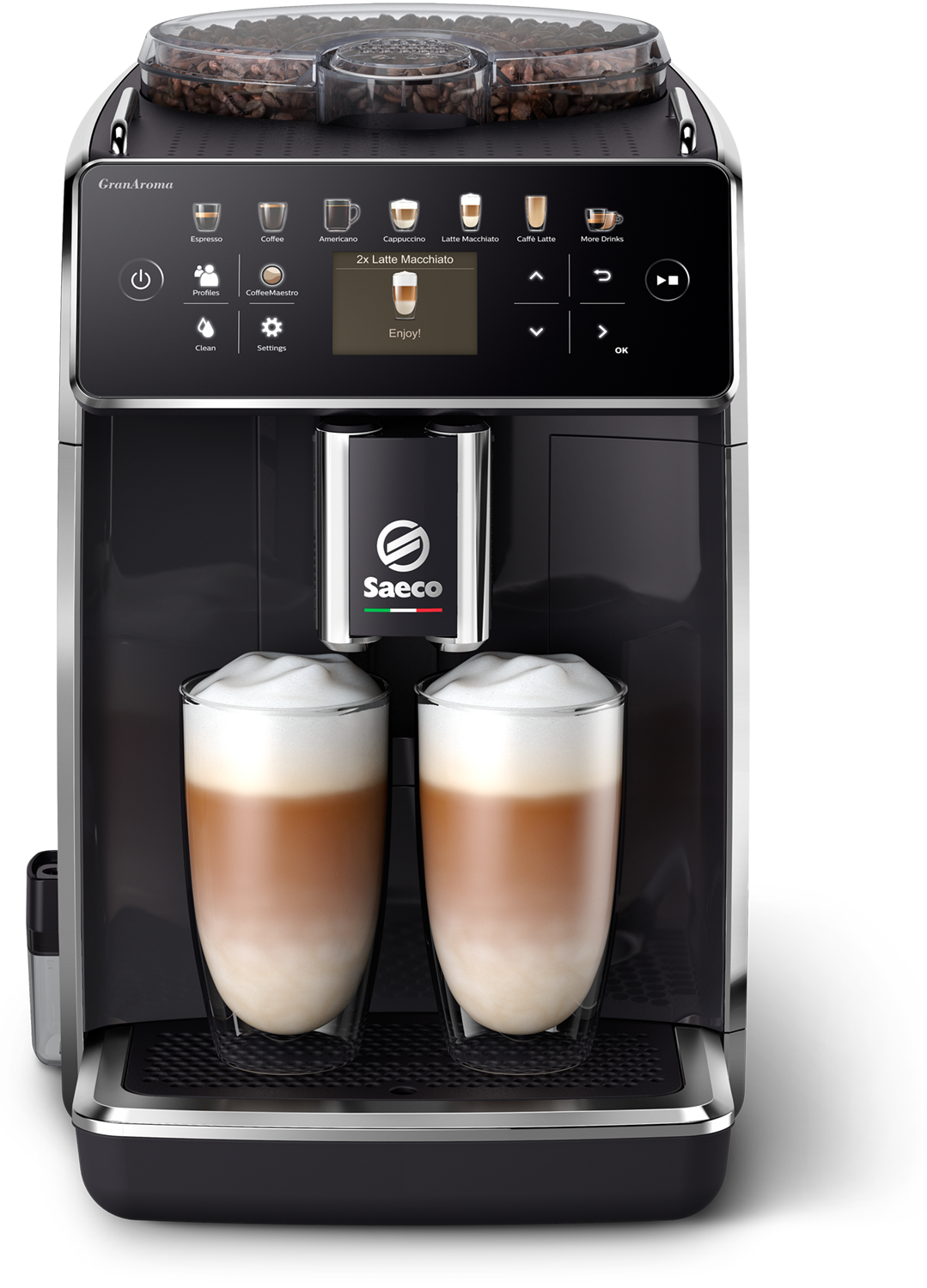 Eine Kaffeemaschine, die zwei Latte Macchiatos zubereitet. Die Maschine hat Knöpfe für verschiedene Kaffeesorten und ein Display.