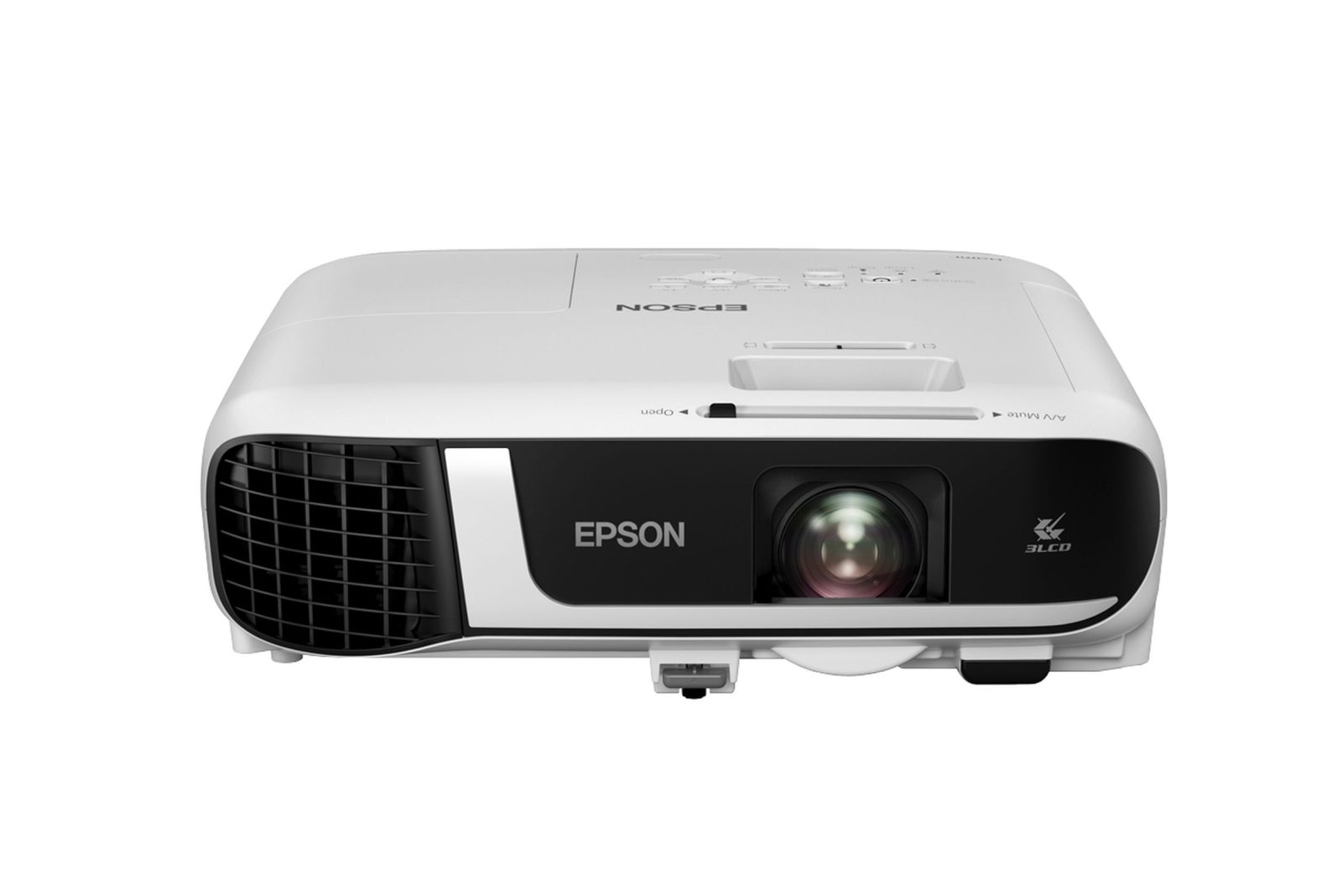 Un proiettore Epson bianco è centrato. Ha un obiettivo, ventilazione e il logo Epson sulla parte anteriore. Lo sfondo è bianco.