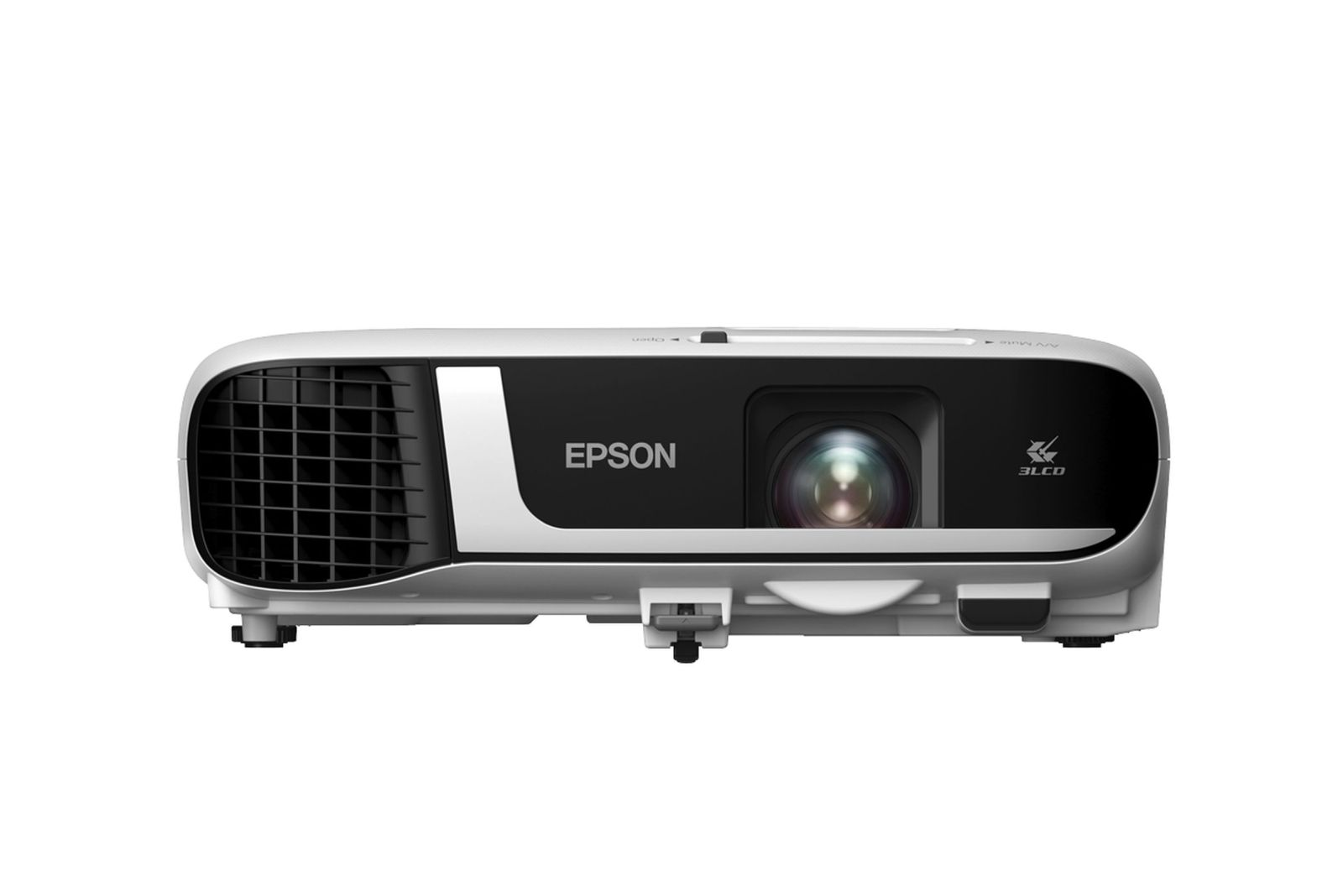 Un proiettore Epson, bianco e nero, su sfondo bianco. L'obiettivo è al centro, il logo Epson è visibile.
