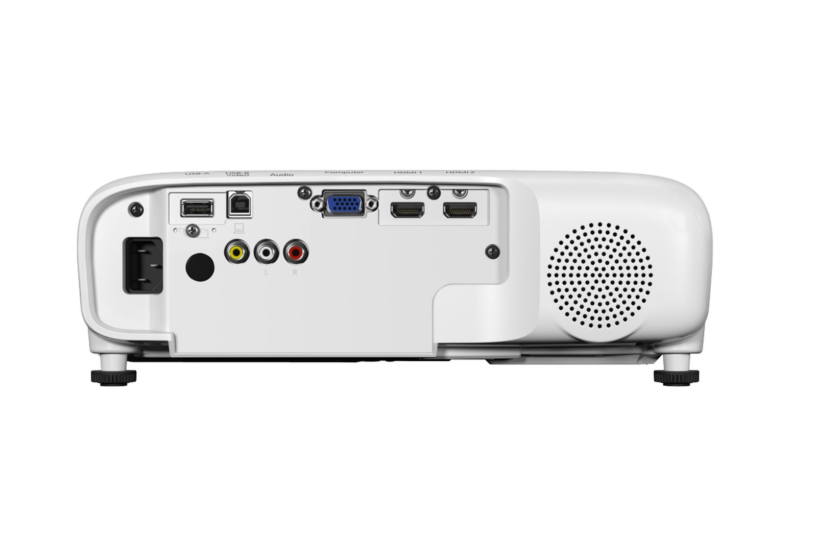 Vista posteriore di un proiettore bianco con varie porte: USB, audio, HDMI e un ingresso di alimentazione. Una griglia per altoparlanti è a destra.