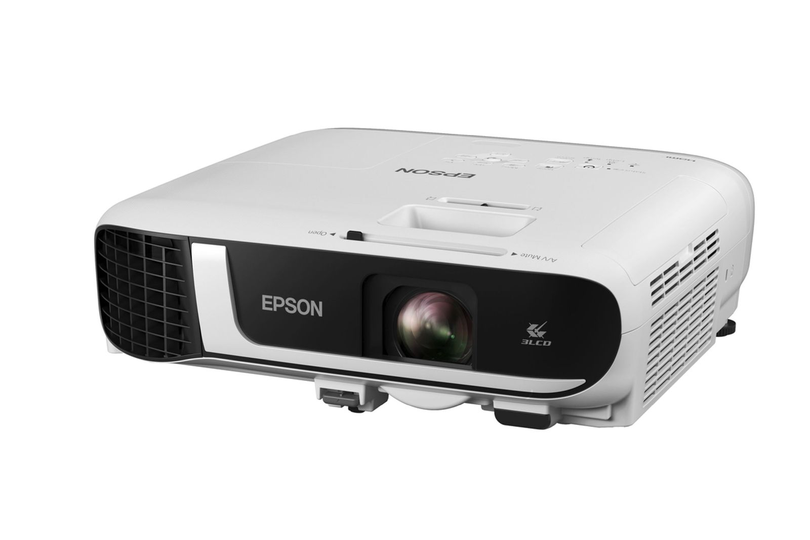 Un proiettore Epson bianco con frontale e lente neri. Il nome del marchio è visibile. È su sfondo bianco.