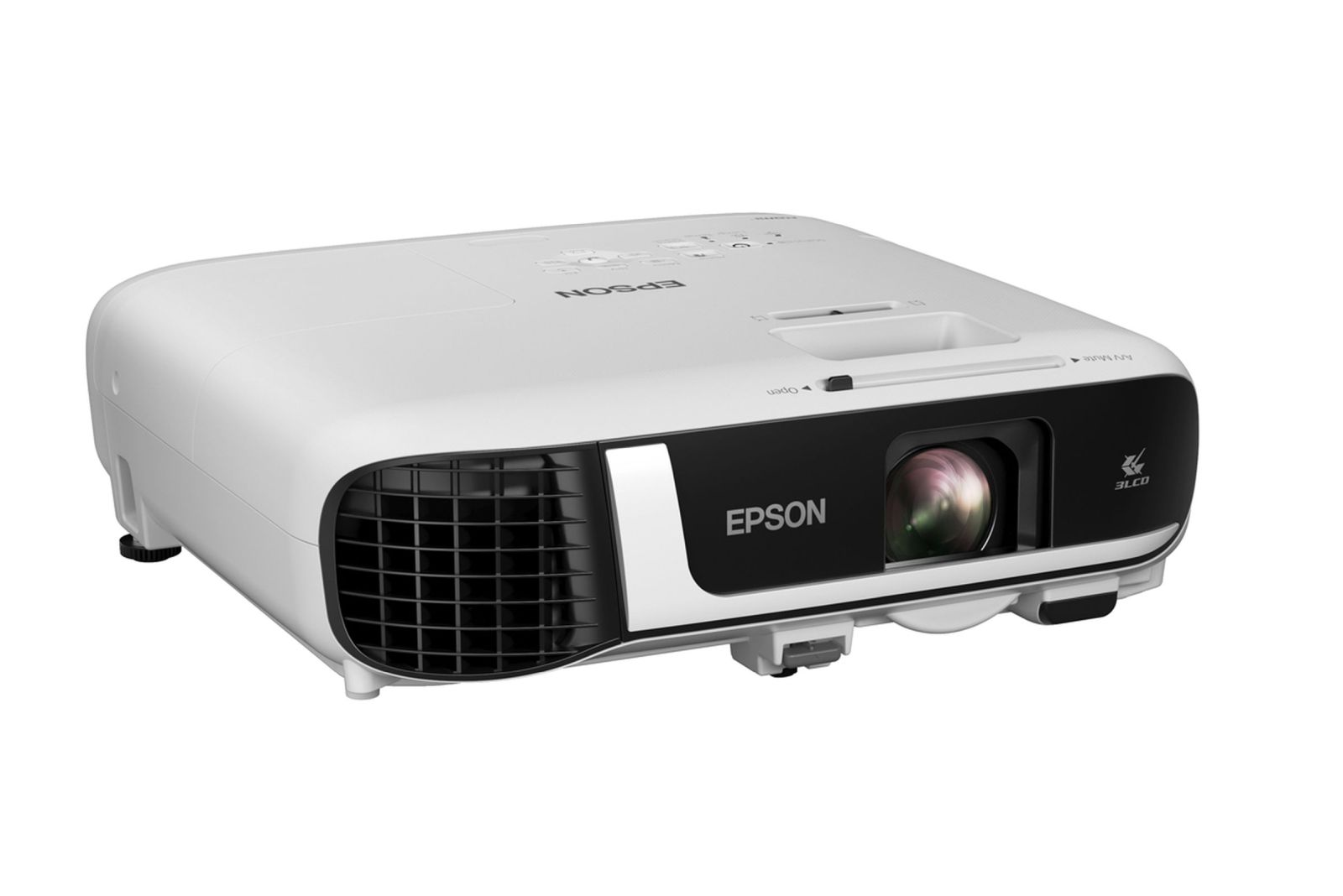 Un proiettore Epson bianco. Ha un obiettivo, griglie di ventilazione e il logo Epson. La parte superiore ha pulsanti e il nome Epson.