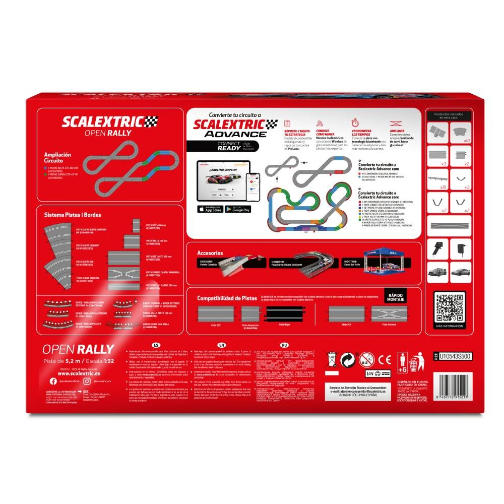 Una caja de Scalextric Open Rally. Muestra diseños de pistas, accesorios y especificaciones técnicas, todo en un diseño vibrante.
