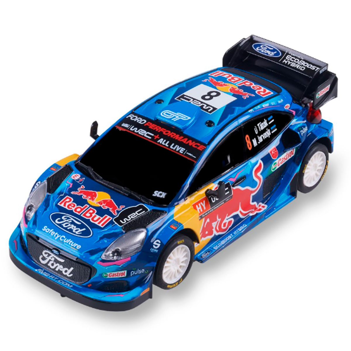 Un coche de juguete Ford azul y amarillo con logotipos de Red Bull, el número 8 y calcomanías de patrocinadores. Tiene alerón y ruedas blancas.