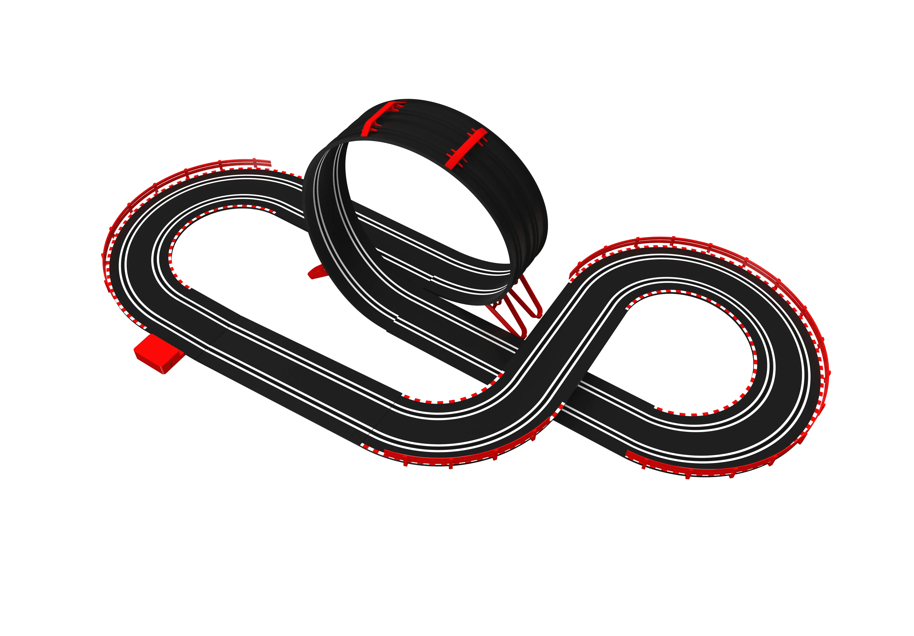 Una pista de carreras negra con líneas blancas y bordes rojos. La pista tiene un diseño en forma de ocho y bucle, sobre fondo blanco.