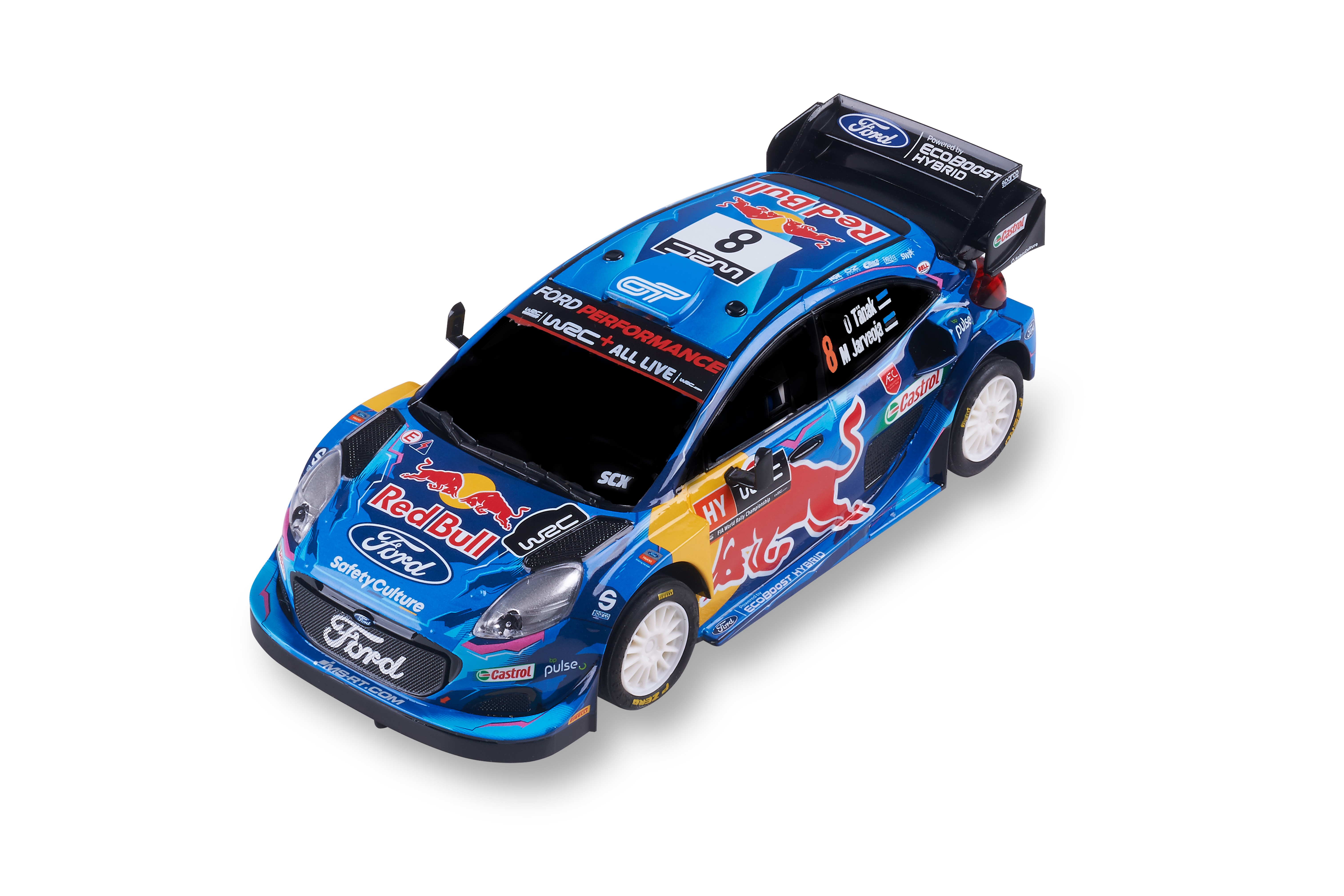 Un coche de rally Ford azul con logotipos de Red Bull, el número 8 y calcomanías de patrocinadores.