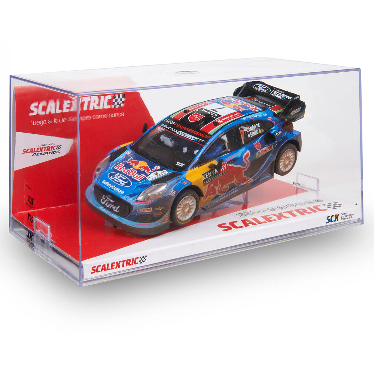 Un modelo de coche de rally Ford azul dentro de una vitrina de plástico transparente. Tiene logotipos de patrocinadores como Red Bull, Ford y Castrol.