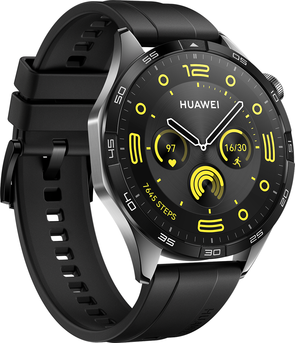 Eine schwarze Huawei-Smartwatch mit schwarzem Armband. Das Zifferblatt ist schwarz mit gelben Akzenten und zeigt Zeit und Gesundheitsdaten.