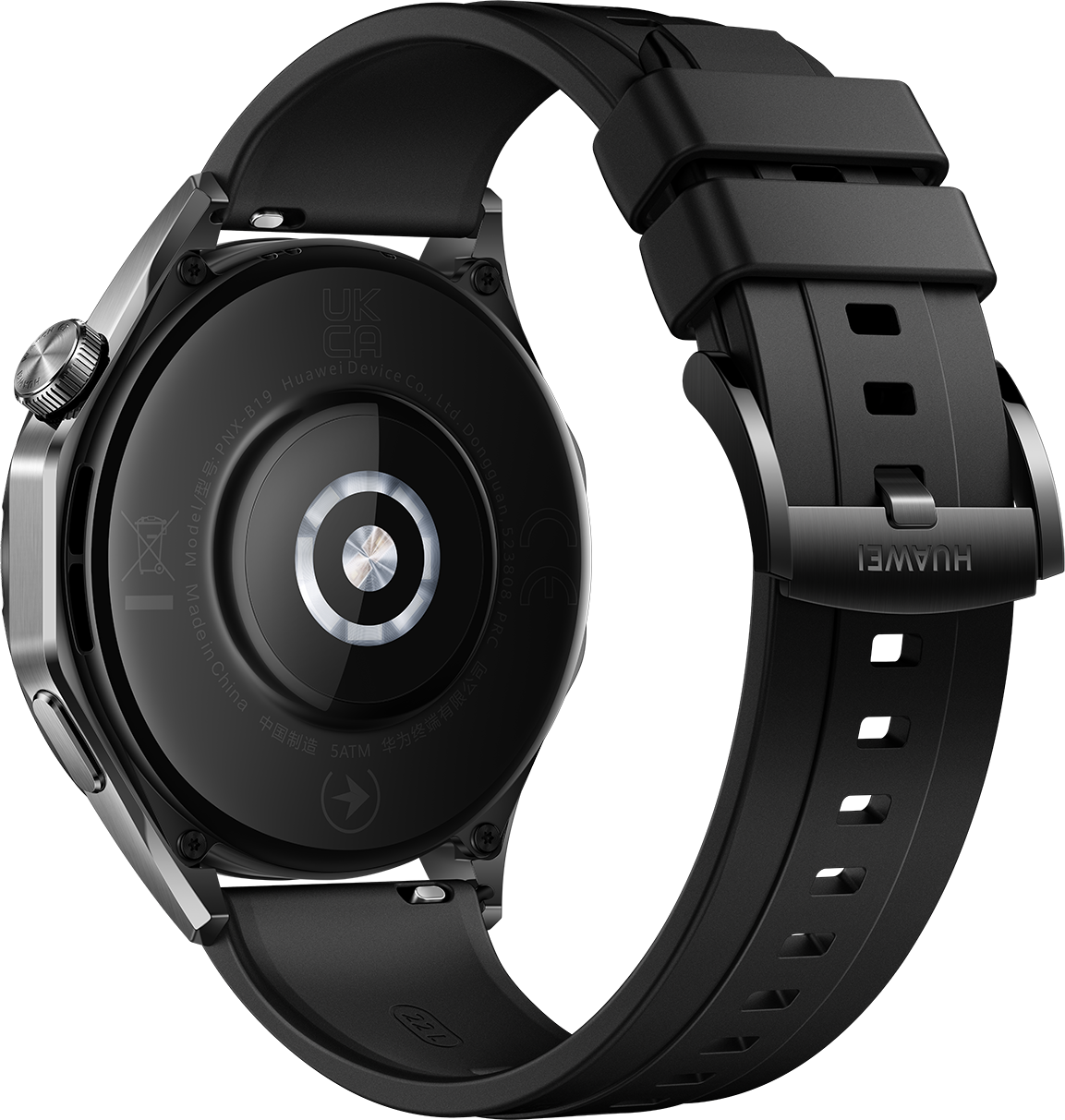 Schwarze Huawei-Smartwatch, Rückansicht. Die Uhr hat ein schwarzes Armband und Gehäuse. Die Rückseite hat einen Sensor, und das Armband hat das Huawei-Logo.