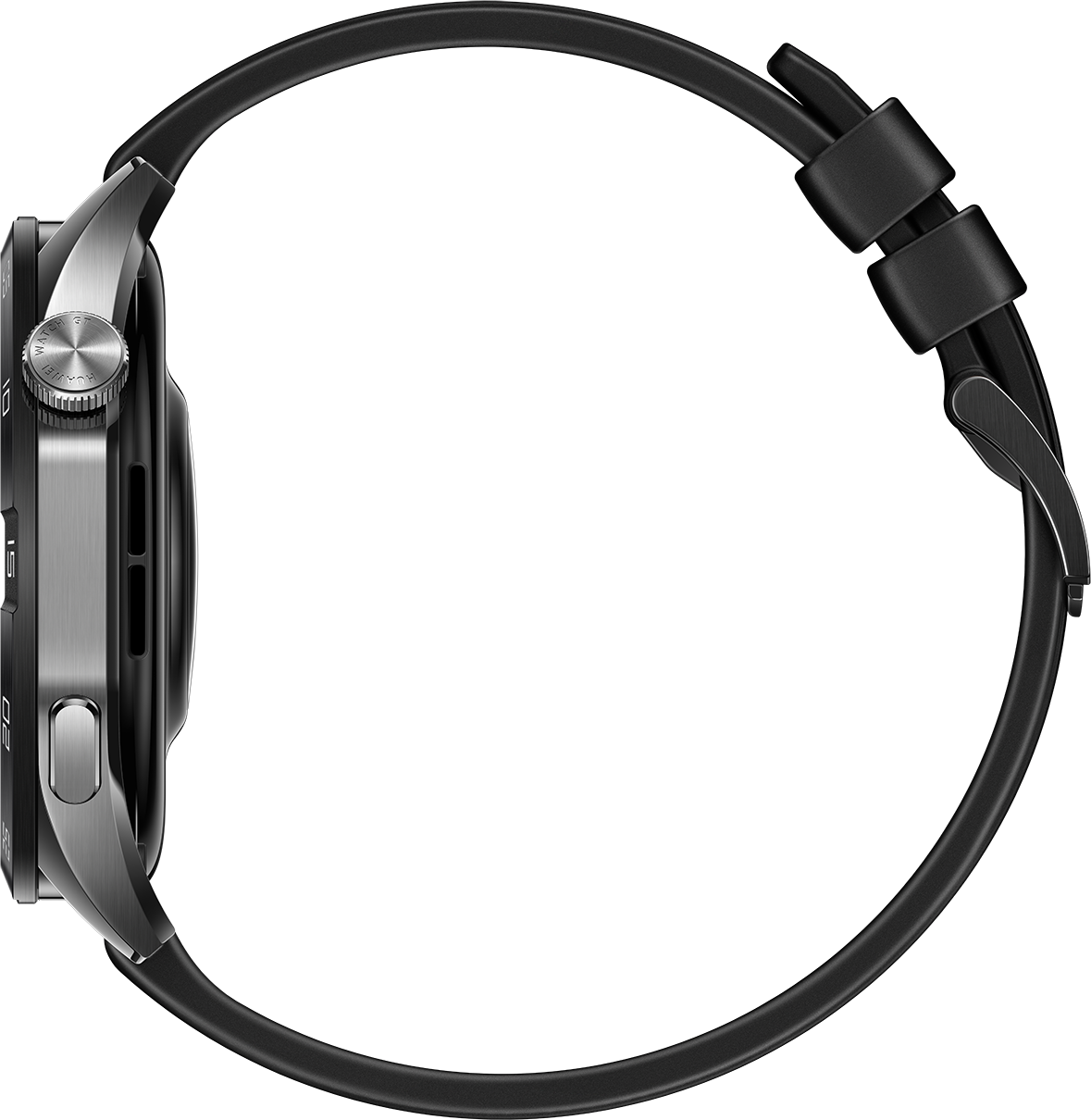 Eine silberne Smartwatch mit schwarzem Armband. Das Zifferblatt ist sichtbar, und das Armband ist befestigt. Der Hintergrund ist schwarz.