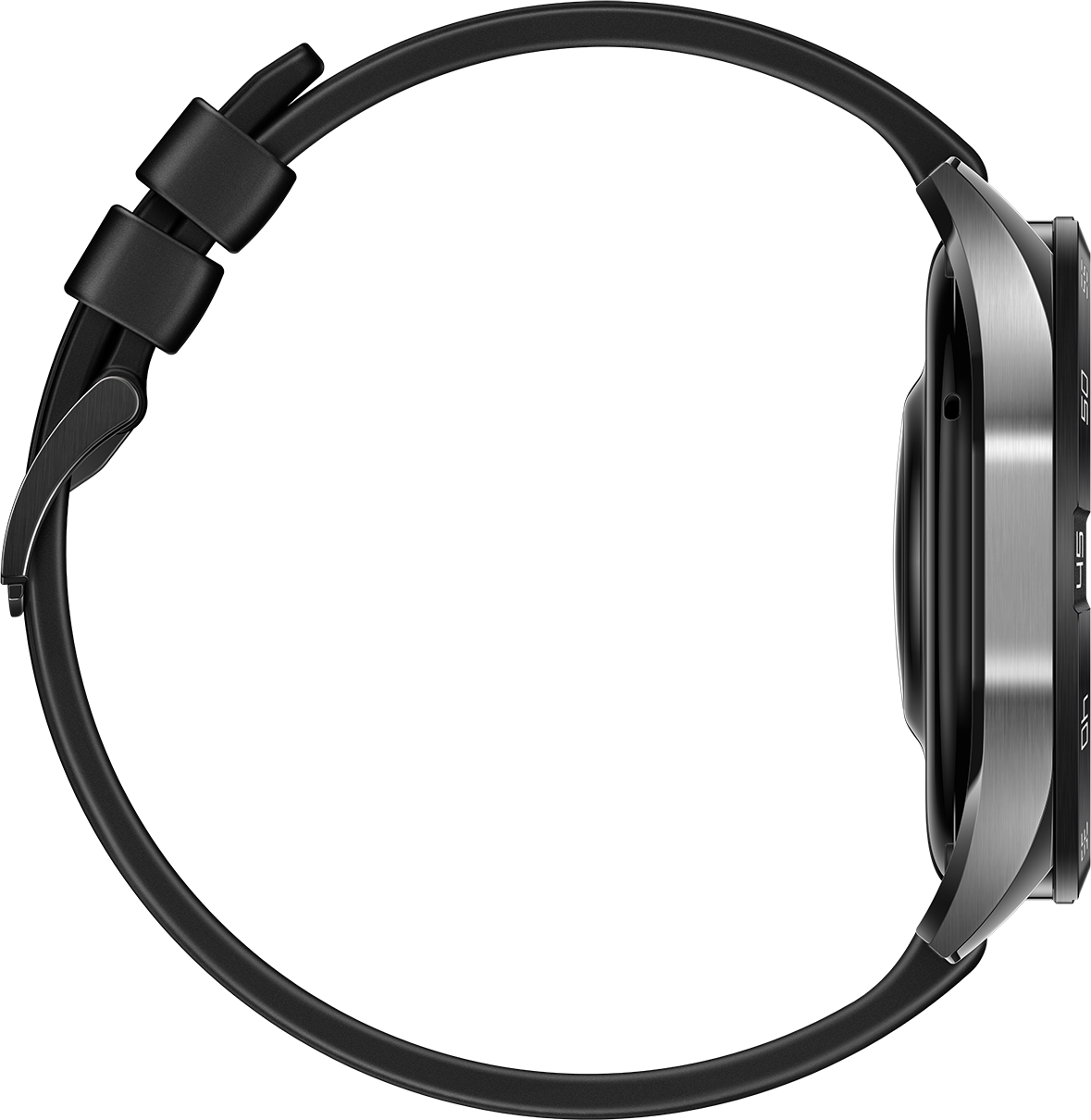 Eine schwarze Smartwatch mit Metalllünette. Das Uhrenarmband ist ebenfalls schwarz und befestigt. Der Hintergrund ist schwarz.