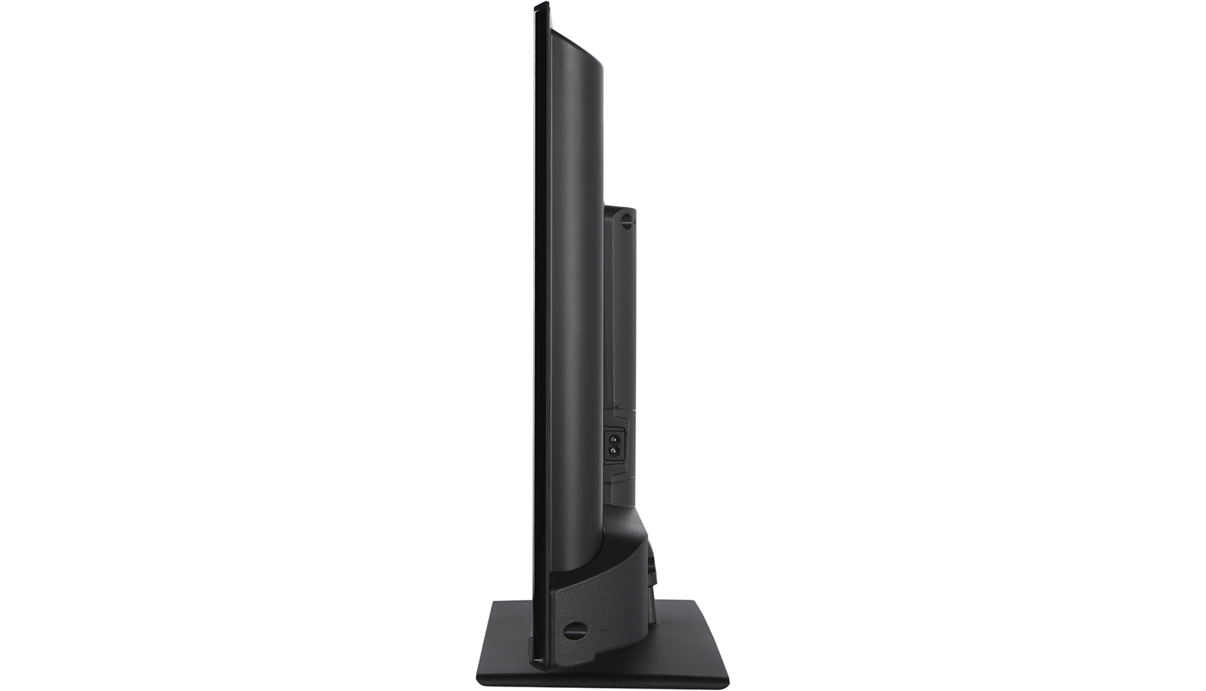 Widok z boku czarnego telewizora z płaskim ekranem na czarnej podstawie. Ekran skierowany w lewo, tło białe.