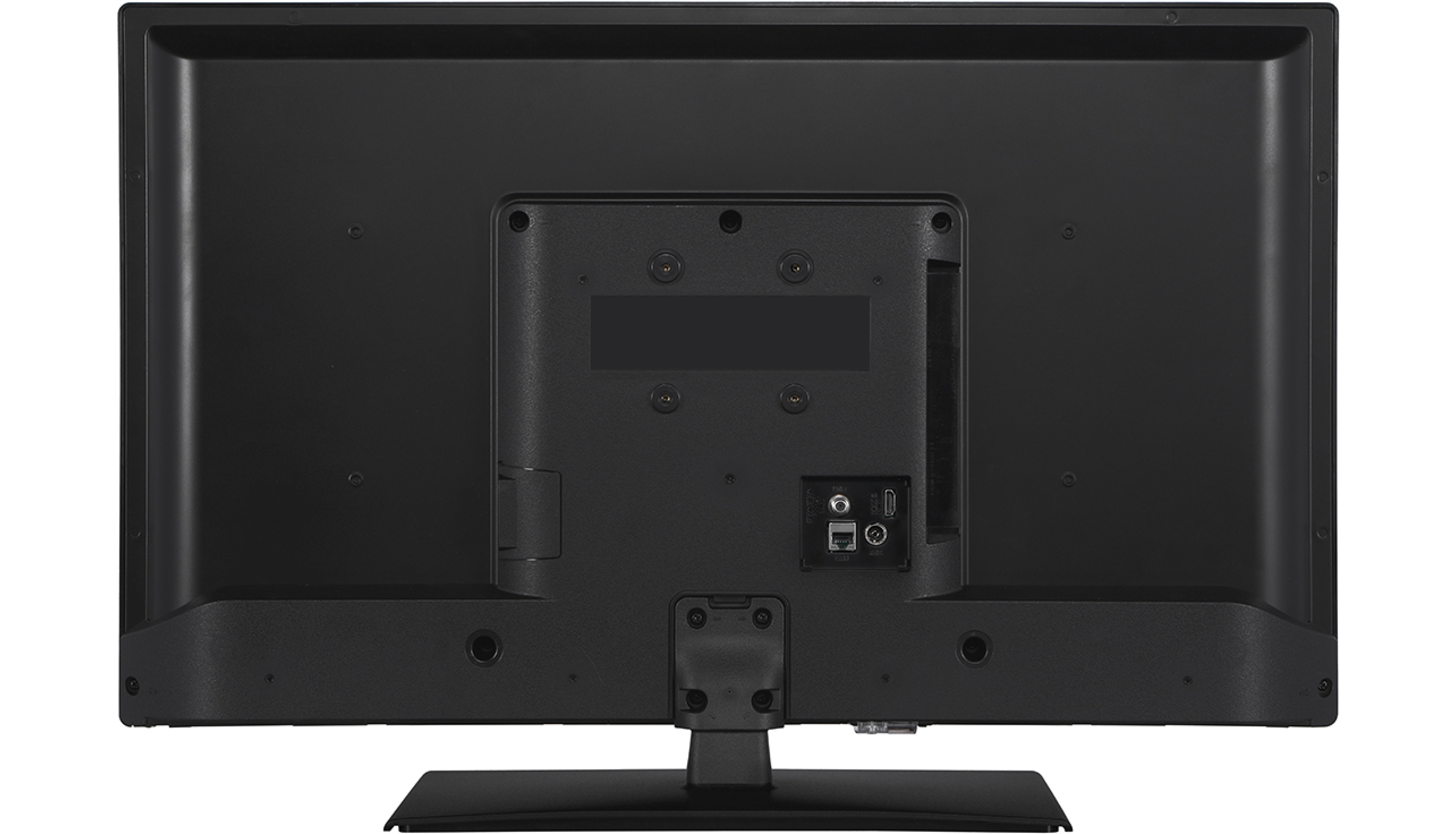 Tył czarnego telewizora z płaskim ekranem. Posiada porty, podstawę i otwory na śruby. Telewizor stoi na białym tle.