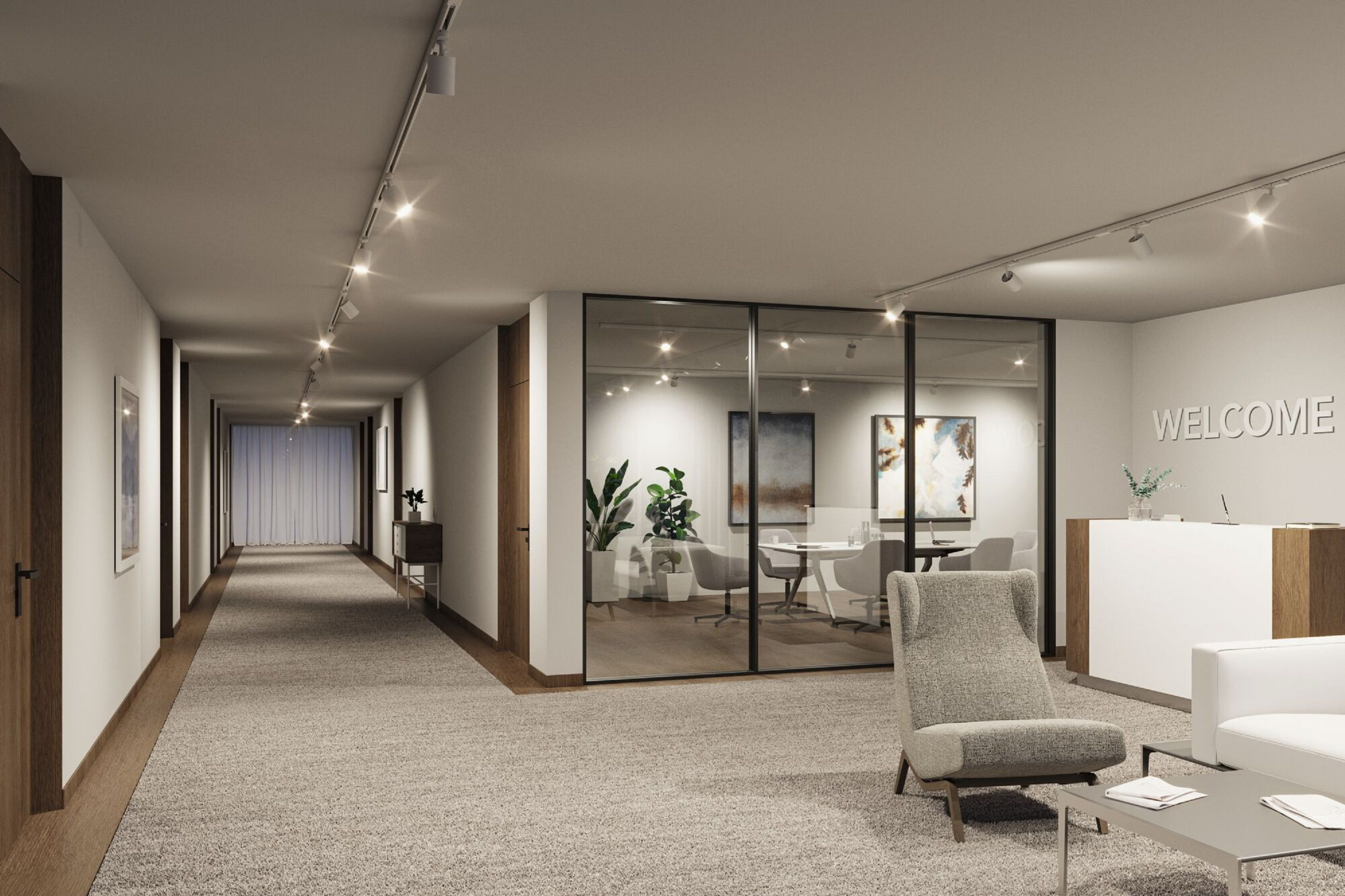 Korytarz biurowy z salą konferencyjną ze szklanymi ścianami. Na pierwszym planie recepcja i część wypoczynkowa.