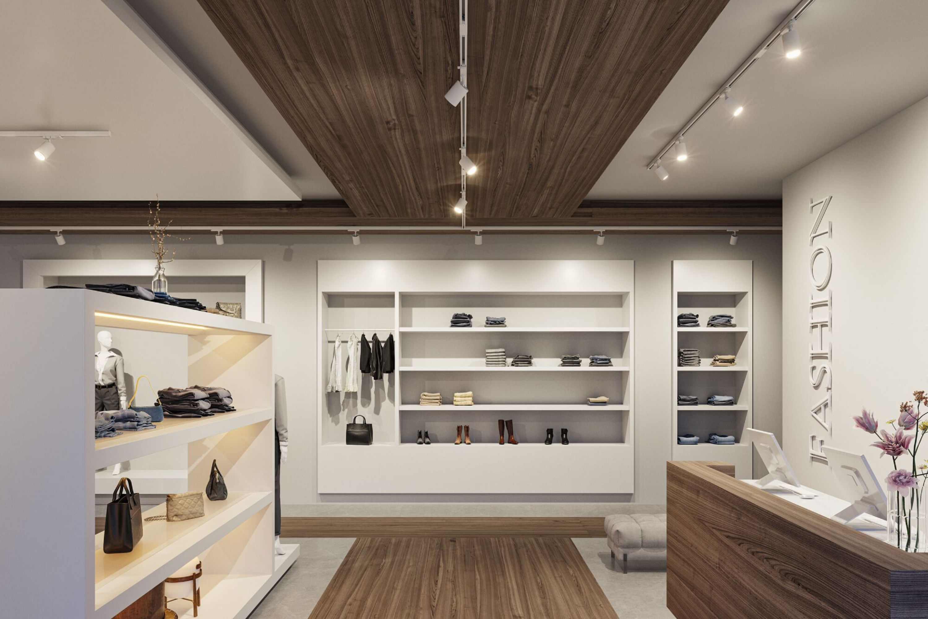 Nowoczesne wnętrze sklepu odzieżowego. Półki prezentują ubrania i akcesoria. Sufit ma reflektory i drewniane panele.