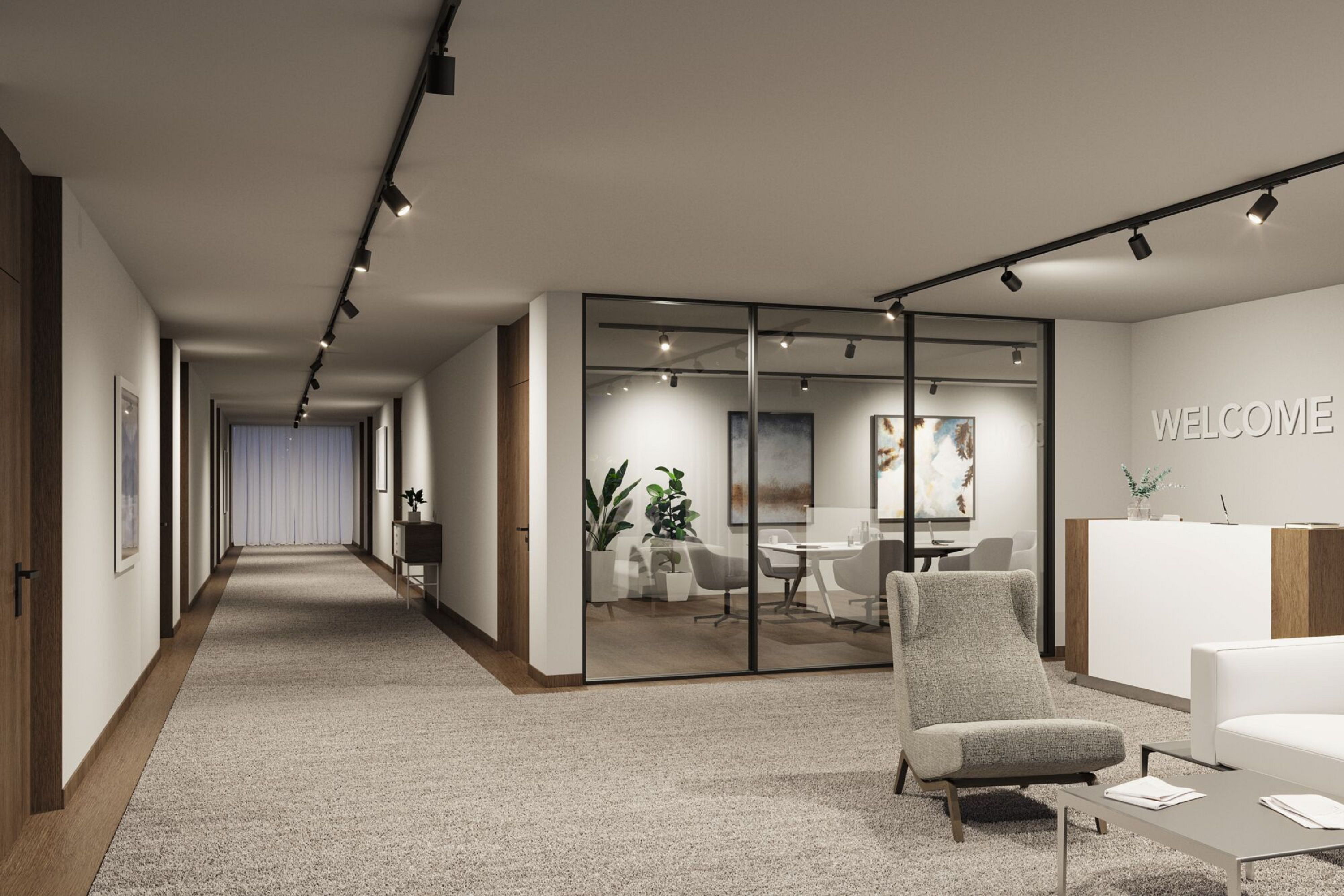 Korytarz biurowy z recepcją. Obejmuje poczekalnię z szarym krzesłem i sofą.