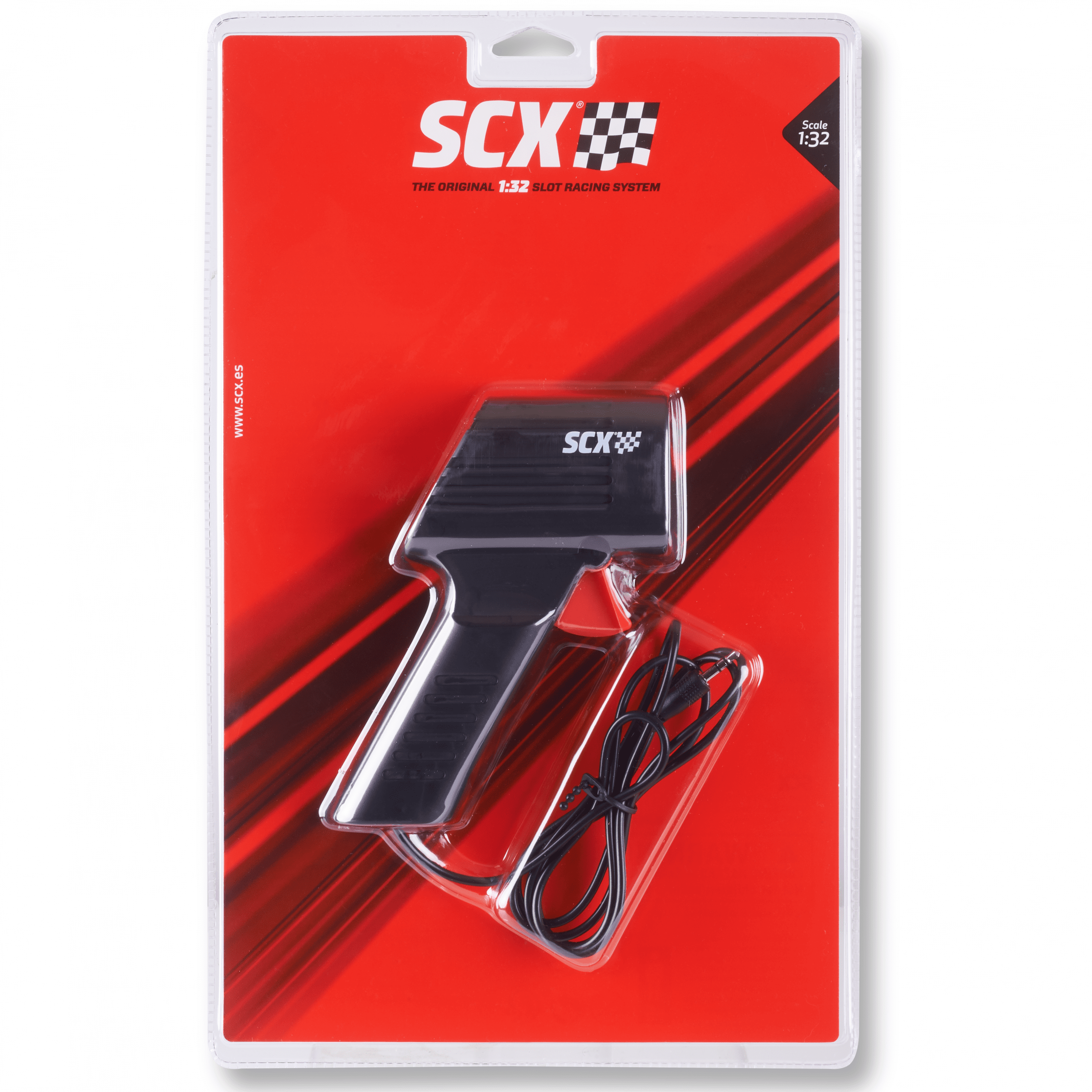 Controlador de carreras de slot SCX negro en un paquete de plástico, sobre un fondo rojo. Incluye un cable negro.