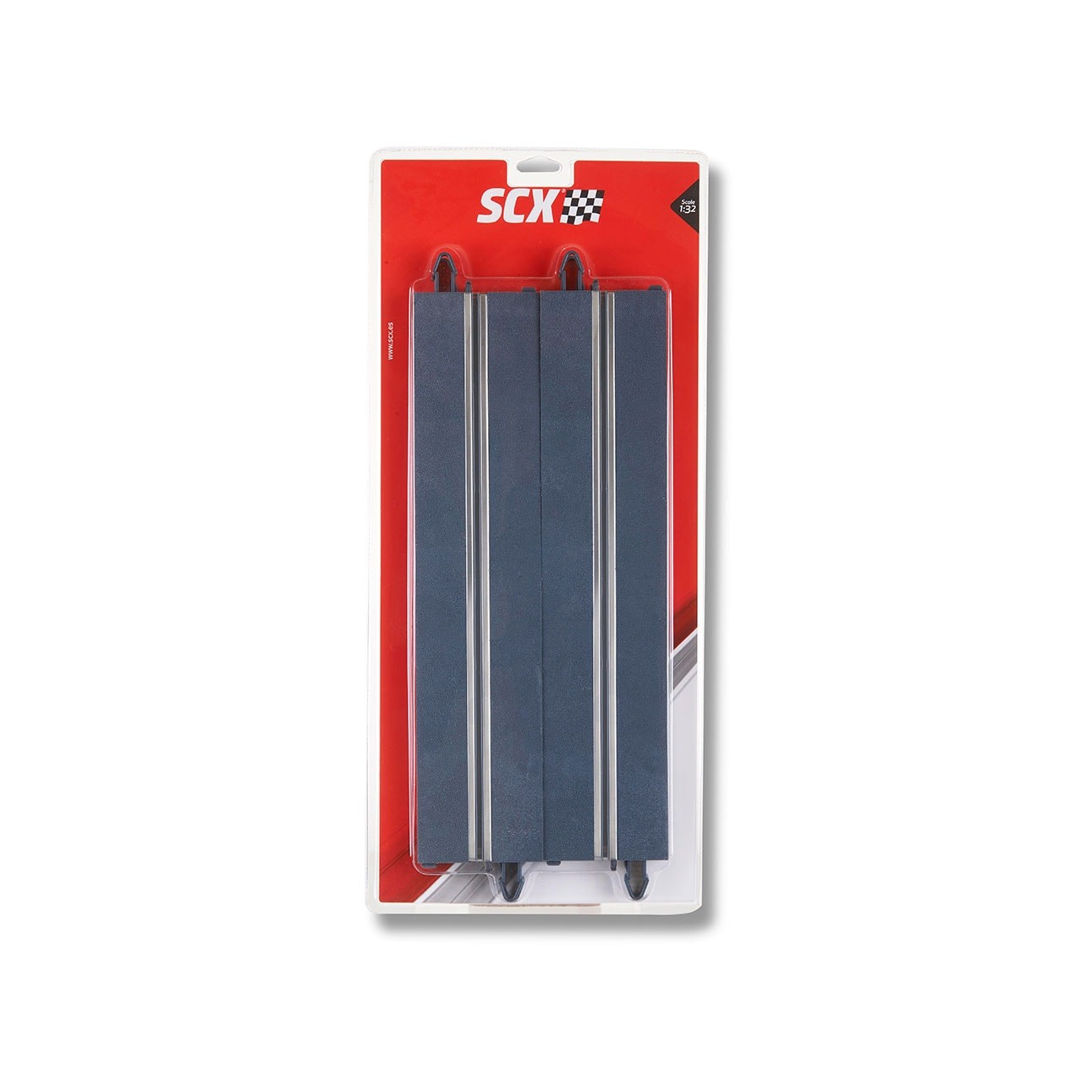 Una sección de pista de coches ranurados SCX empaquetada. El paquete es rojo y blanco con el logotipo de SCX. La pista es azul-gris con rieles plateados.