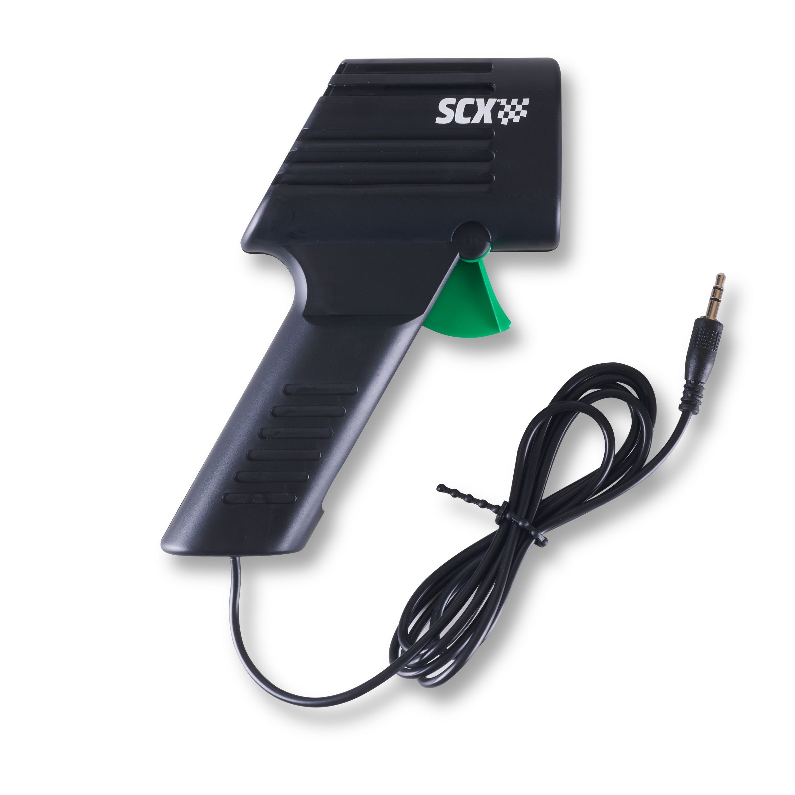 Un controlador SCX negro con gatillo verde y cable con jack sobre fondo blanco.