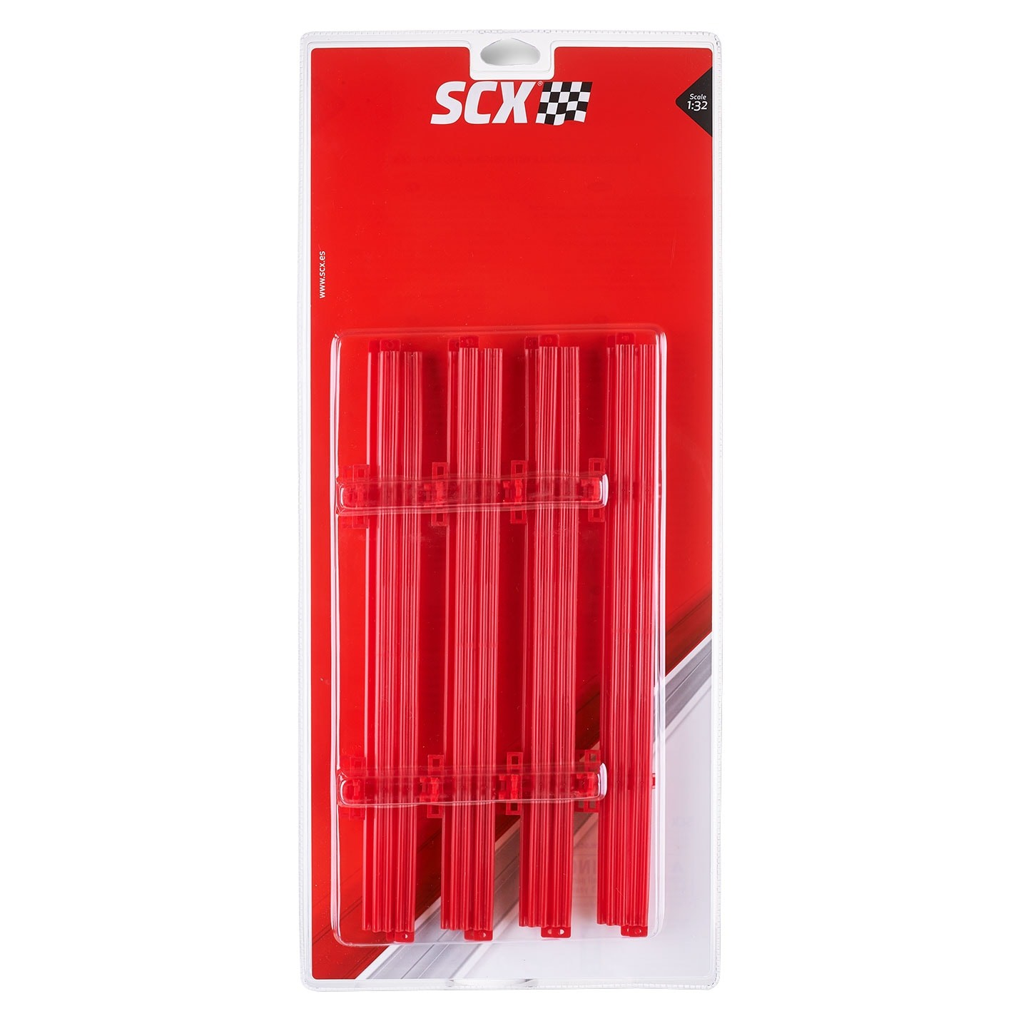 Un paquete rojo de SCX contiene tramos de pista de plástico rojo. El paquete es rectangular con el logotipo de SCX y un indicador de escala.